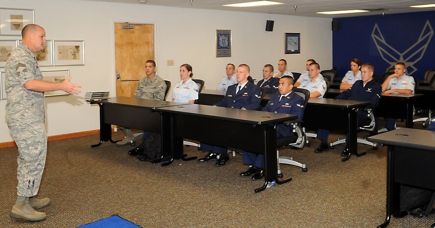 Chief Master Sgt. Paul Sharbutt, 2nd Mission Support Group, visits the First Term Airmen Center to discuss topics effecting enlisted service members on Barksdale Air Force Base, La., Sept. 17. Sharbutt discussed various topics from being a good wingman to excelling in the Air Force. (U.S. Air Force photo/Senior Airman Kristin High)(RELEASED)