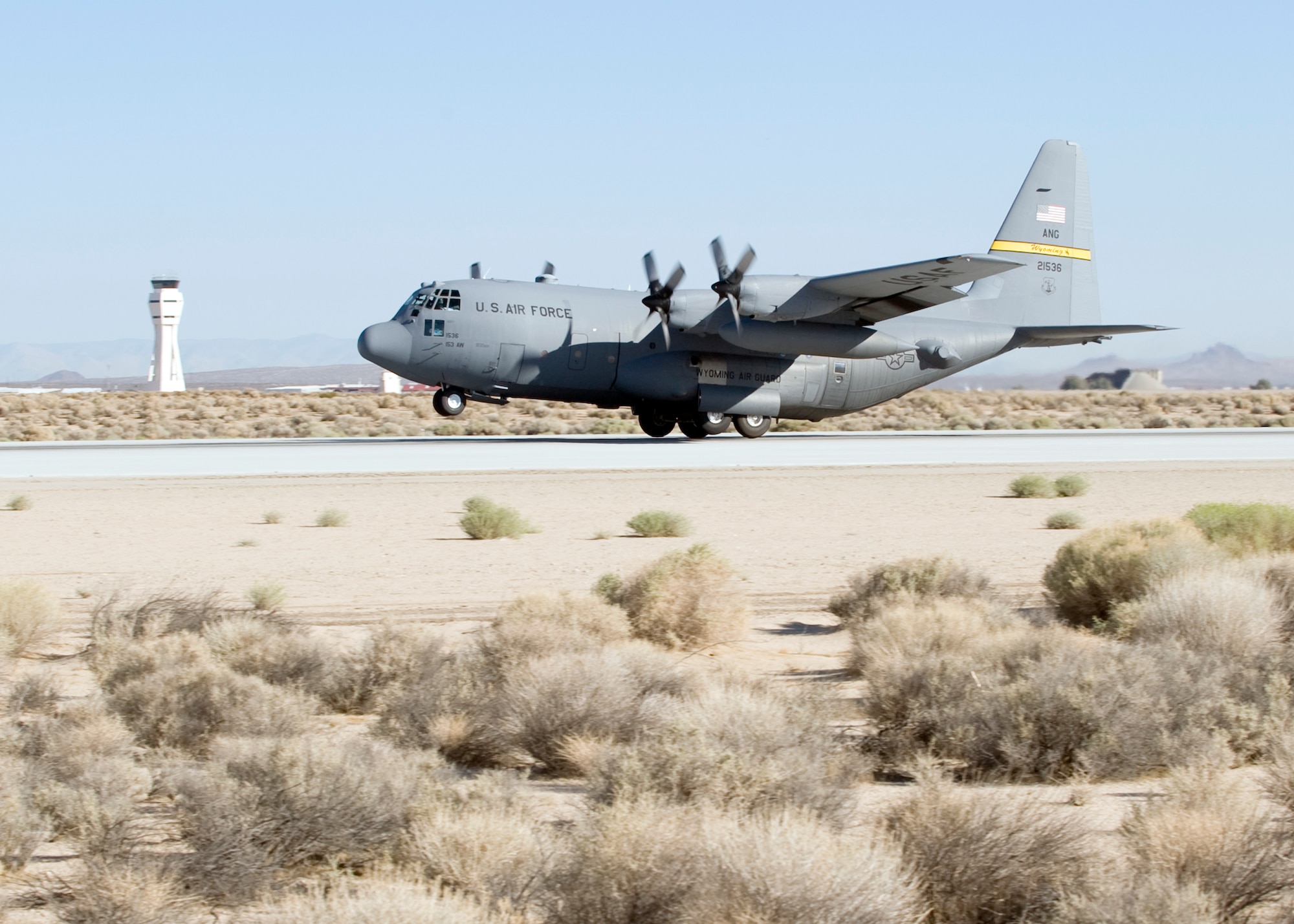 A C-130H takes off from Edwards Sept. 14 with an enhanced Rolls-Royce engine.  (U.S. Air Force photo by Edward Cannon)