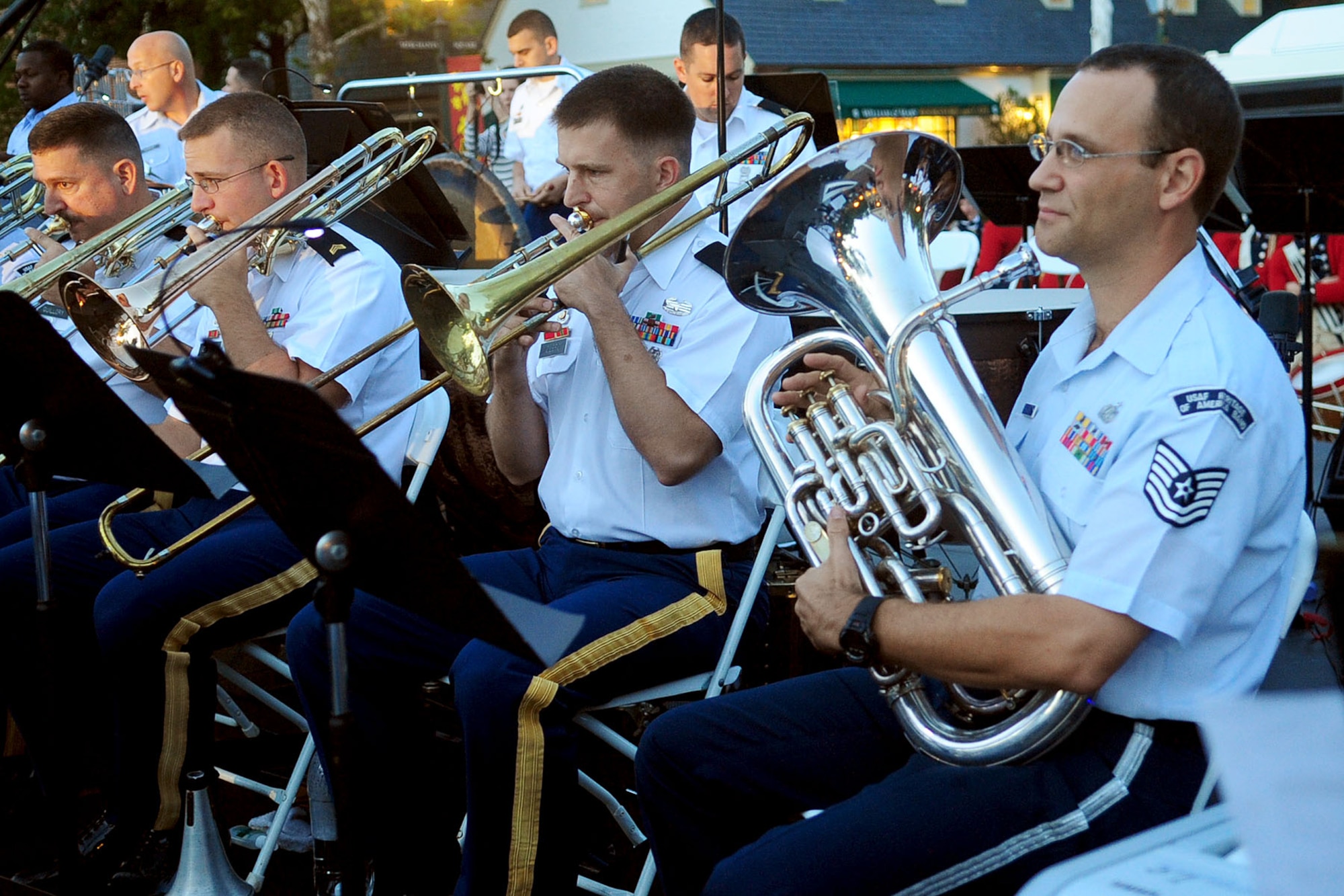 Members of the U.S. Air Force Heritage of America and U.S. Army Training and Doctrine Command bands perform during the fourth annual Constitution Day ceremony in Williamsburg, Va., Sept. 15, 2012. This year marked the fourth year the AFHOA Band performed in the show, and the second year of joining forces with TRADOC. (U.S. Air Force photo by Staff Sgt. Ashley Hawkins/Released)