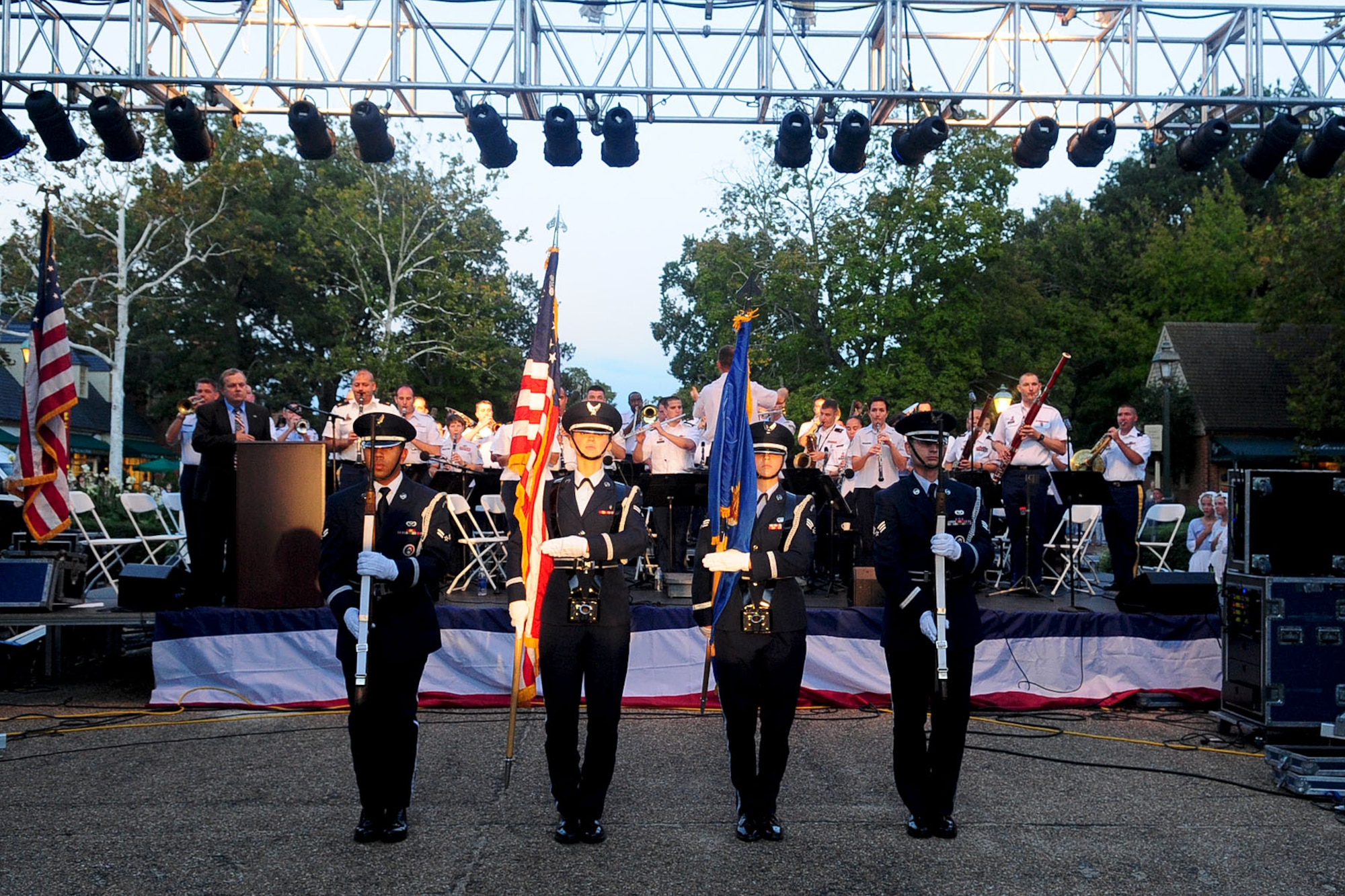 The Langley Air Force Base Honor guard posts the colors during the National Anthem at the fourth annual Constitution Day celebration in Williamsburg, Va., Sept. 15, 2012. Constitution Day commemorates the formation and signing of the U.S. Constitution on September 17, 1787. (U.S. Air Force photo by Staff Sgt. Ashley Hawkins/Released)