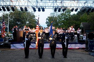 The Langley Air Force Base Honor guard posts the colors during the National Anthem at the fourth annual Constitution Day celebration in Williamsburg, Va., Sept. 15, 2012. Constitution Day commemorates the formation and signing of the U.S. Constitution on September 17, 1787. (U.S. Air Force photo by Staff Sgt. Ashley Hawkins/Released)
