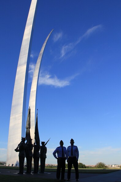 The commander of the 932nd Airlift Wing, Col. Albert Lupenski (left), visits with another officer at the Air Force Memorial in Washington D.C. overlooking the Pentagon.  He was in the Capitol Hill region to conduct meetings at the Pentagon and provide outreach to Congressional members.  During the visit he produced a short video podcast on what September 11, 2001 meant to him.  (U.S. Air Force photo)