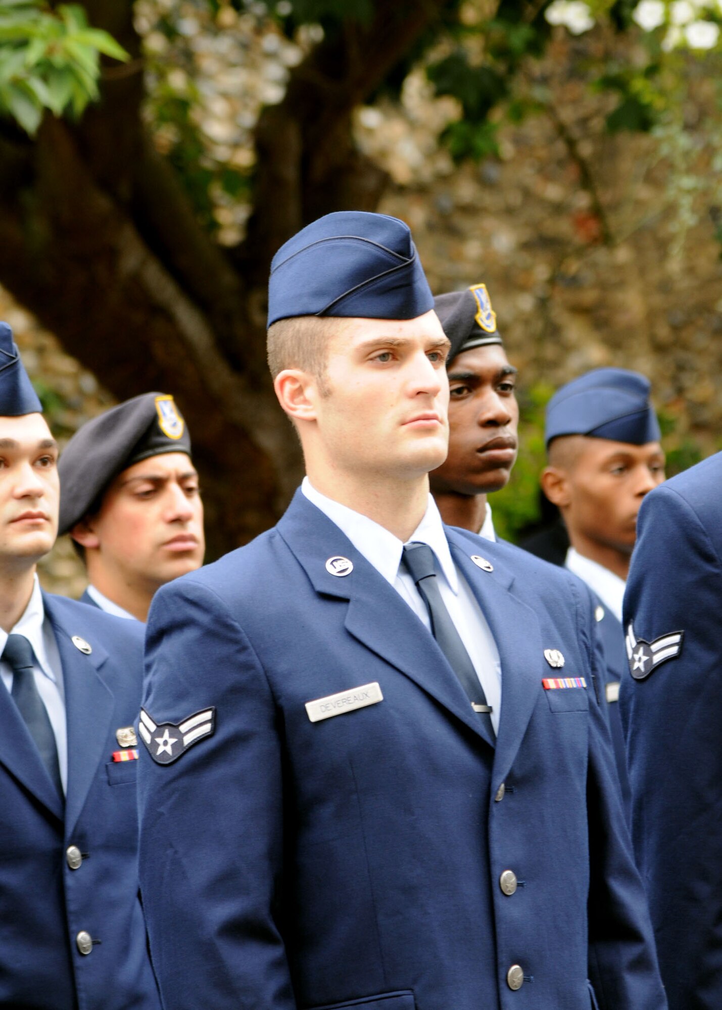 RAF MILDENHALL, England –Airman 1st Class Thomas Devereaux, 100th Operations Support Squadron, stands at attention along with the rest of his flight during the Battle of Britain Commemoration Parade in Bury St. Edmunds, England, Sept. 16, 2012. The parade was held to commemorate the Battle of Britain during World War II. (U.S. Air Force photo/Airman 1st Class Kelsey Waters)