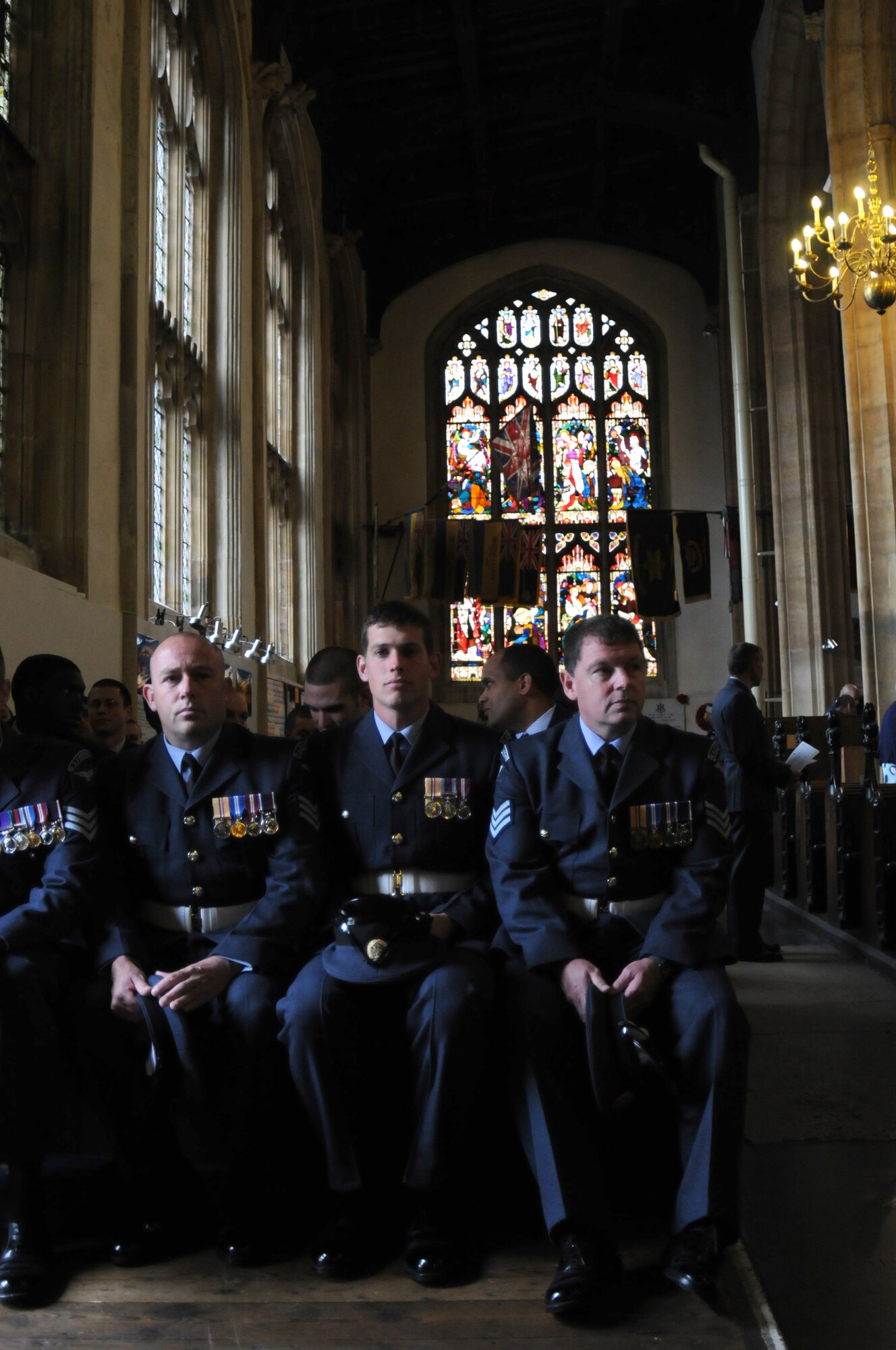 Royal Air Force Airmen from RAF Honington attend services in St. Mary’s Church after marching in a parade during the Battle of Britain Commemoration in Bury St. Edmunds, England, Sept. 16, 2012. The Battle of Britain was the first major campaign to be fought entirely by air forces and resulted in a decisive British victory over Germany; a crucial turning point in World War II. (U.S. Air Force photo/Tech. Sgt. Neal X. Joiner)