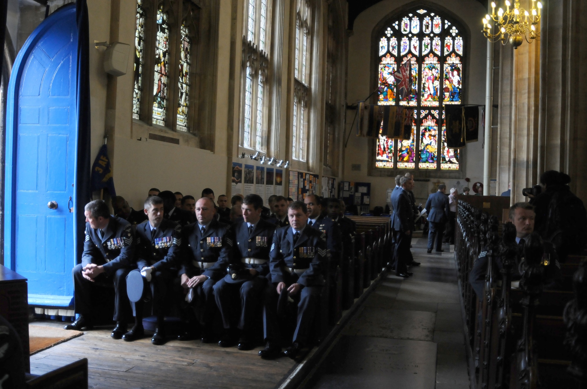 Royal Air Force Airmen from RAF Honington and U.S. Airmen from RAF Mildenhall attend services in St. Mary’s Church after marching in a parade during the Battle of Britain Commemoration in Bury St. Edmunds, England, Sept. 16, 2012. The Battle of Britain was the first major campaign to be fought entirely by air forces and resulted in a decisive British victory over Germany; a crucial turning point in World War II. (U.S. Air Force photo/Tech. Sgt. Neal X. Joiner)