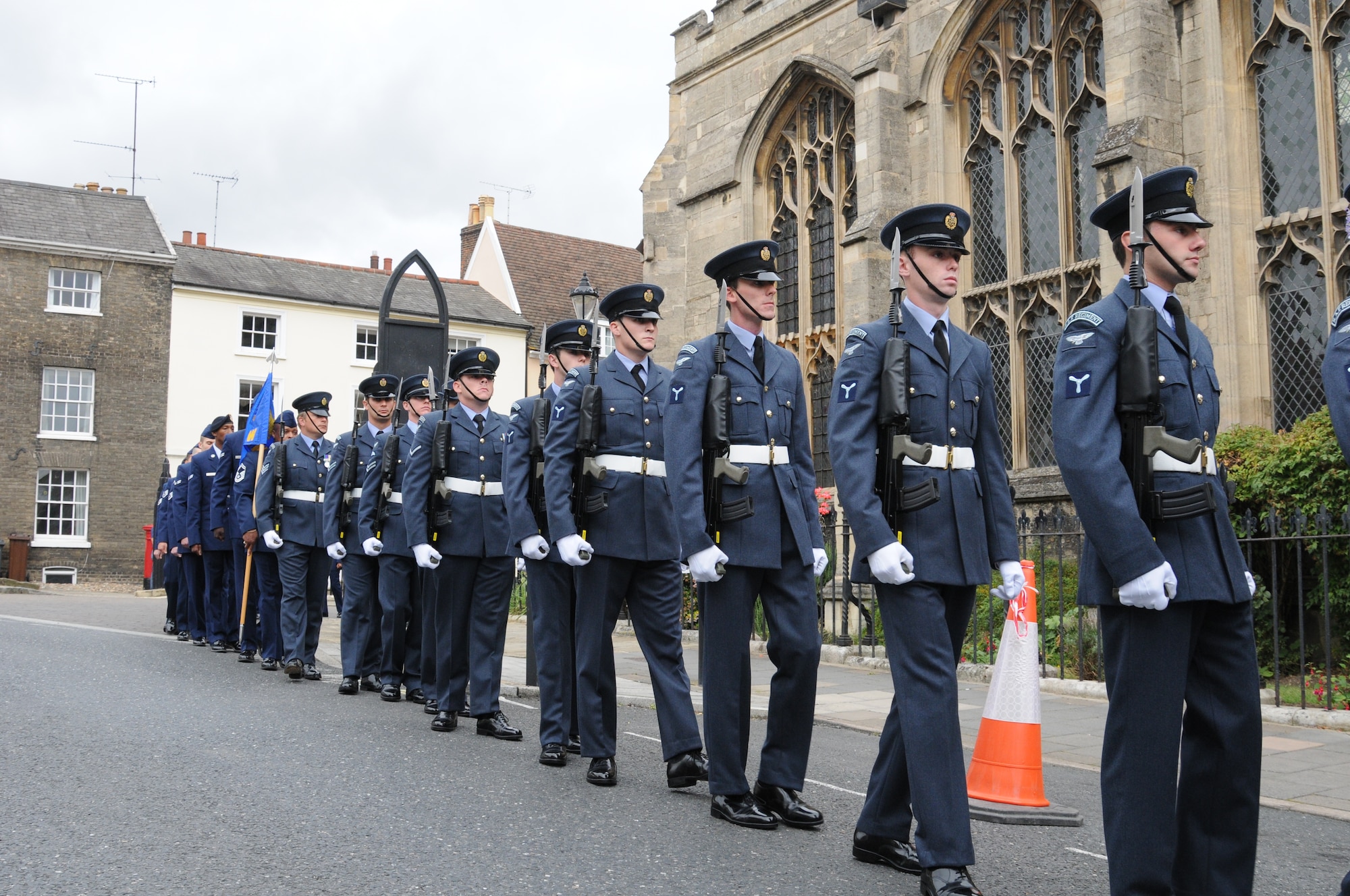 Royal Air Force Airmen from RAF Honington and U.S. Airmen from RAF Mildenhall enter St. Mary’s Church during the Battle of Britain Commemoration in Bury St. Edmunds, England, Sept. 16, 2012. The Battle of Britain was the first major campaign to be fought entirely by air forces and resulted in a decisive British victory over Germany; a crucial turning point in World War II. (U.S. Air Force photo/Tech. Sgt. Neal X. Joiner)