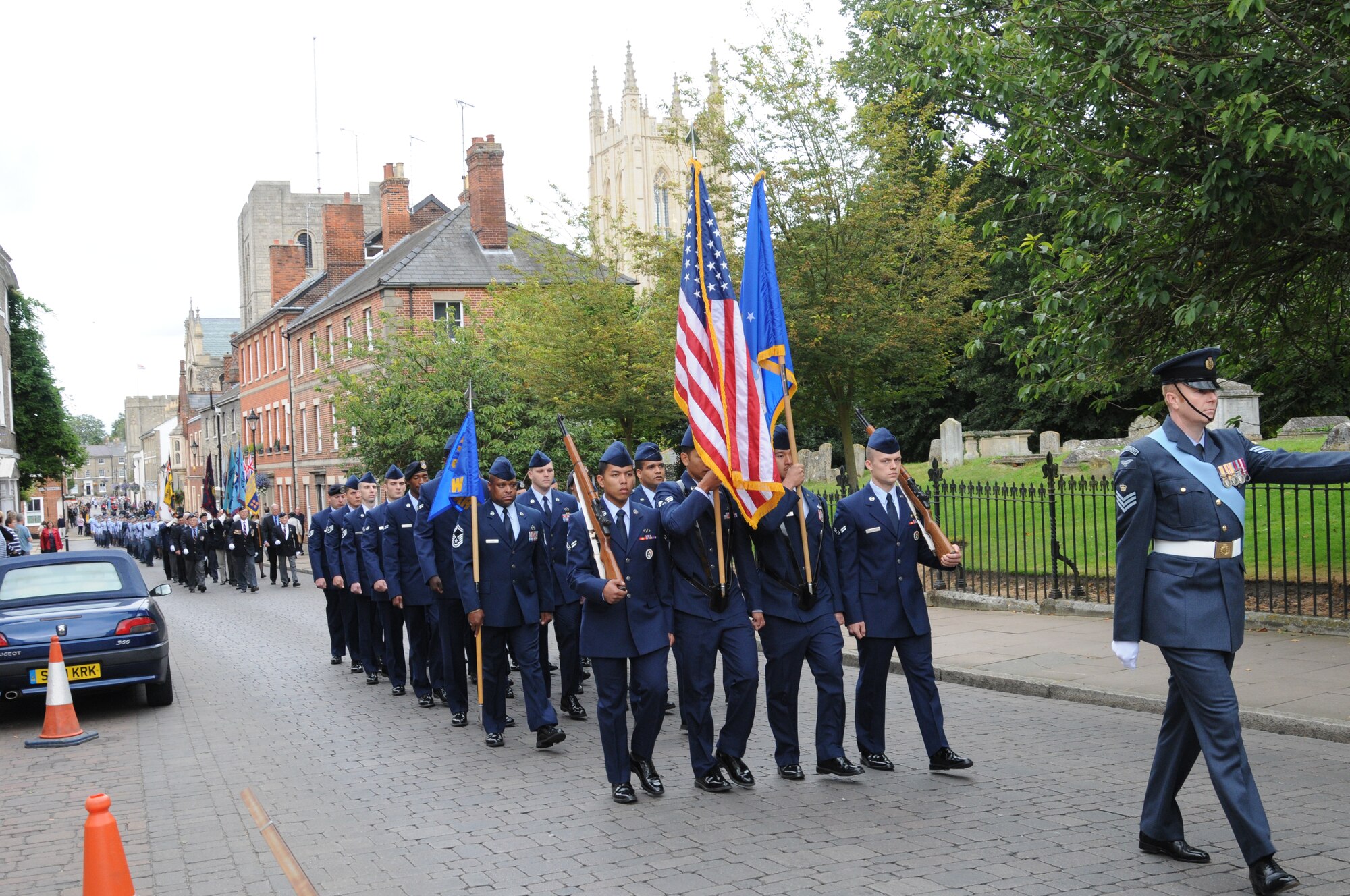 RAF MILDENHALL, England – U.S. Airmen from RAF Mildenhall march in the Battle of Britain Commemoration Parade in Bury St. Edmunds, England, Sept. 16, 2012. The Battle of Britain was the first major campaign to be fought entirely by air forces and resulted in a decisive British victory over Germany; a crucial turning point in World War II. (U.S. Air Force photo/Tech. Sgt. Neal X. Joiner) 
