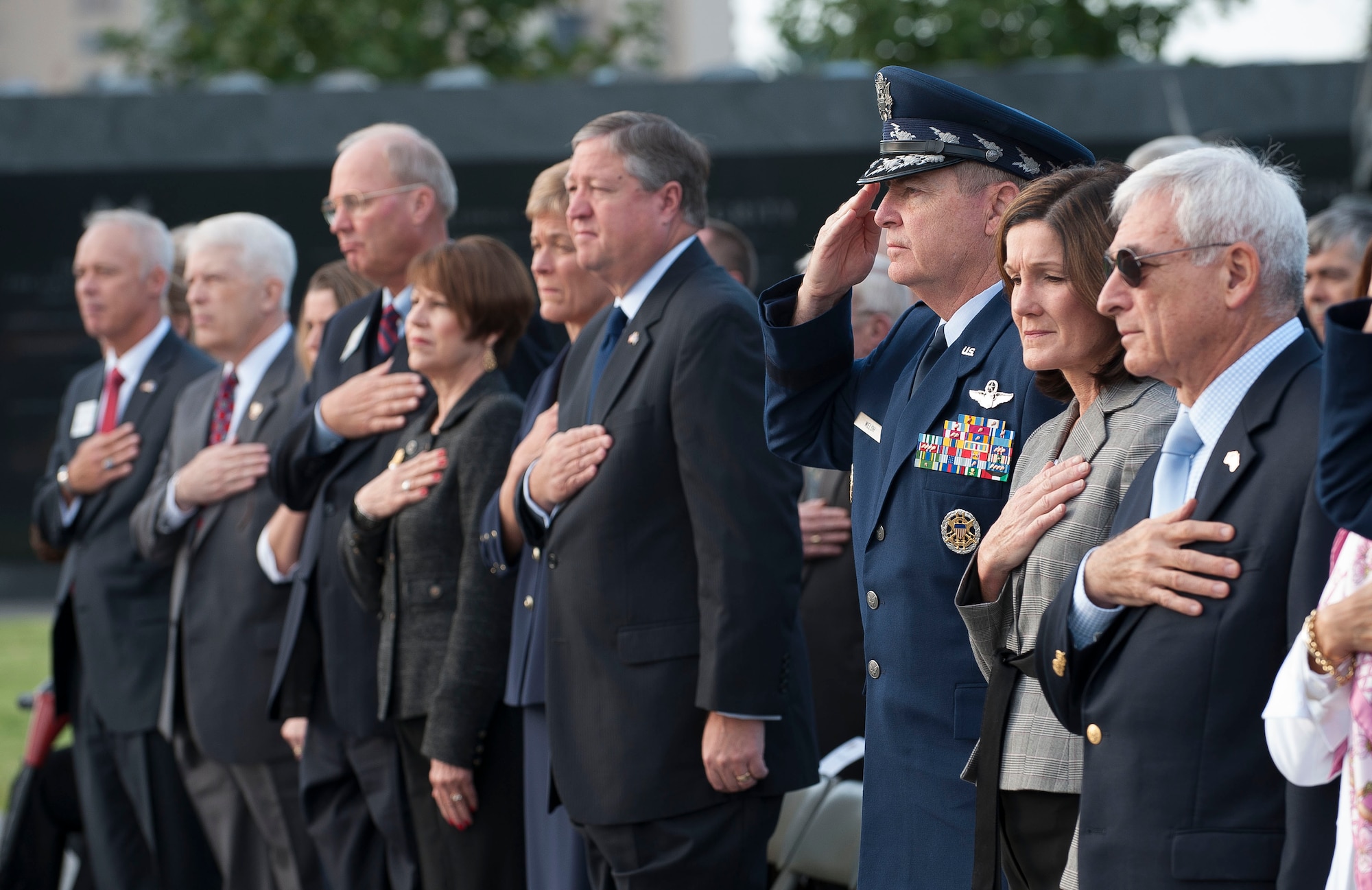 Air Force senior leaders and members of the Air Force Association gathered at the Air Force Memorial in Arlington, Va., Sept. 16, 2012, for the Air Force Association's annual wreath laying ceremony commemorating AFA members who died in the last year. On hand to lay the wreath were: Secretary of the Air Force Michael Donley, Air Force Chief of Staff Gen. Mark A. Welsh III, the Air Force Association's Chairman of the Board S.Sanford Schlitt and the Senior Enlisted Leader to the Chief, National Guard Bureau Chief Master Sgt.  Denise Jelinski-Hall. (U.S. Air Force photo/Jim Varhegyi)