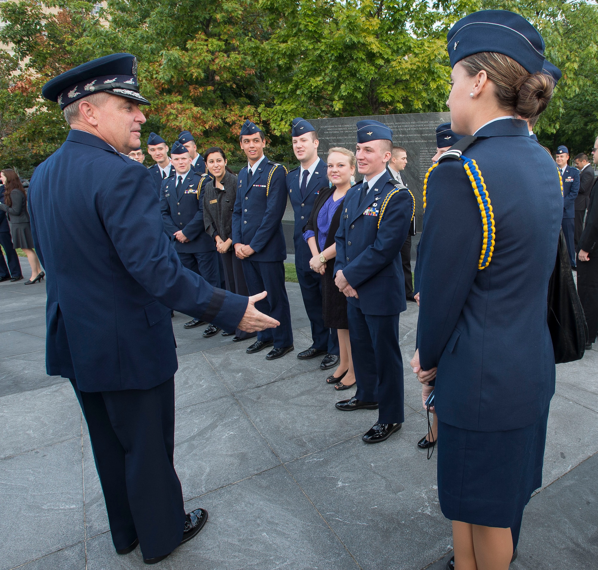 Air Force Chief of Staff Gen. Mark A. Welsh III, left, greets Air Force ROTC cadets from the Arnold Air Society prior to an Air Force Association wreath laying ceremony at the Air Force Memorial in Arlington, Va., Sept. 16, 2012. (U.S. Air Force photo/Jim Varhegyi)