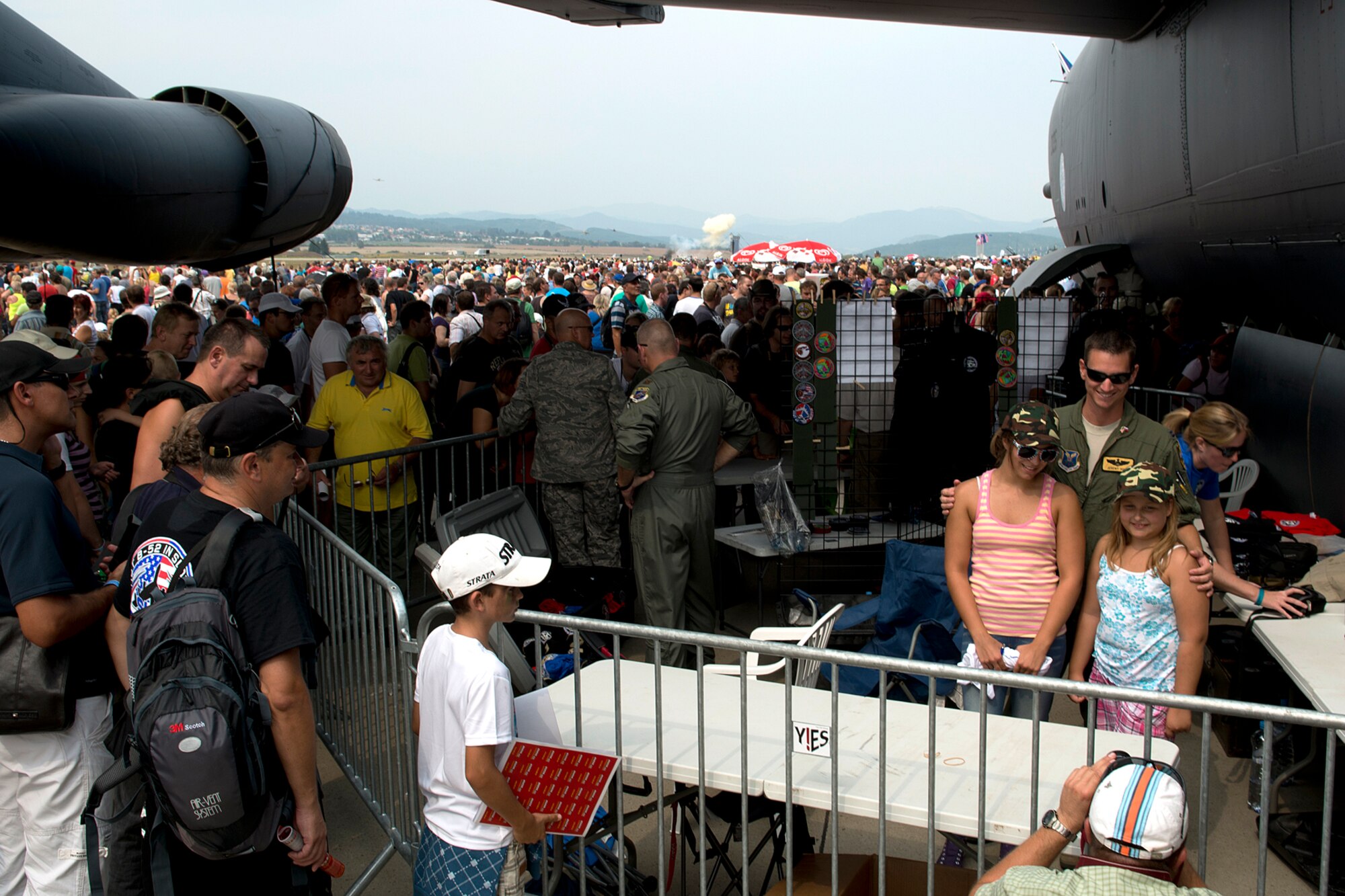 The crowd gathers around a 9rd Bomb Squadron B-52H Stratofortress during the Slovak International Air Fest, Sept. 2, 2012, Sliac, Slovakia. The 93rd BS is assigned to the 307th Bomb Wing, Barksdale Air Force Base, La., and this was the first time a B-52 supported the event. (U.S. Air Force photo by Master Sgt. Greg Steele/Released)