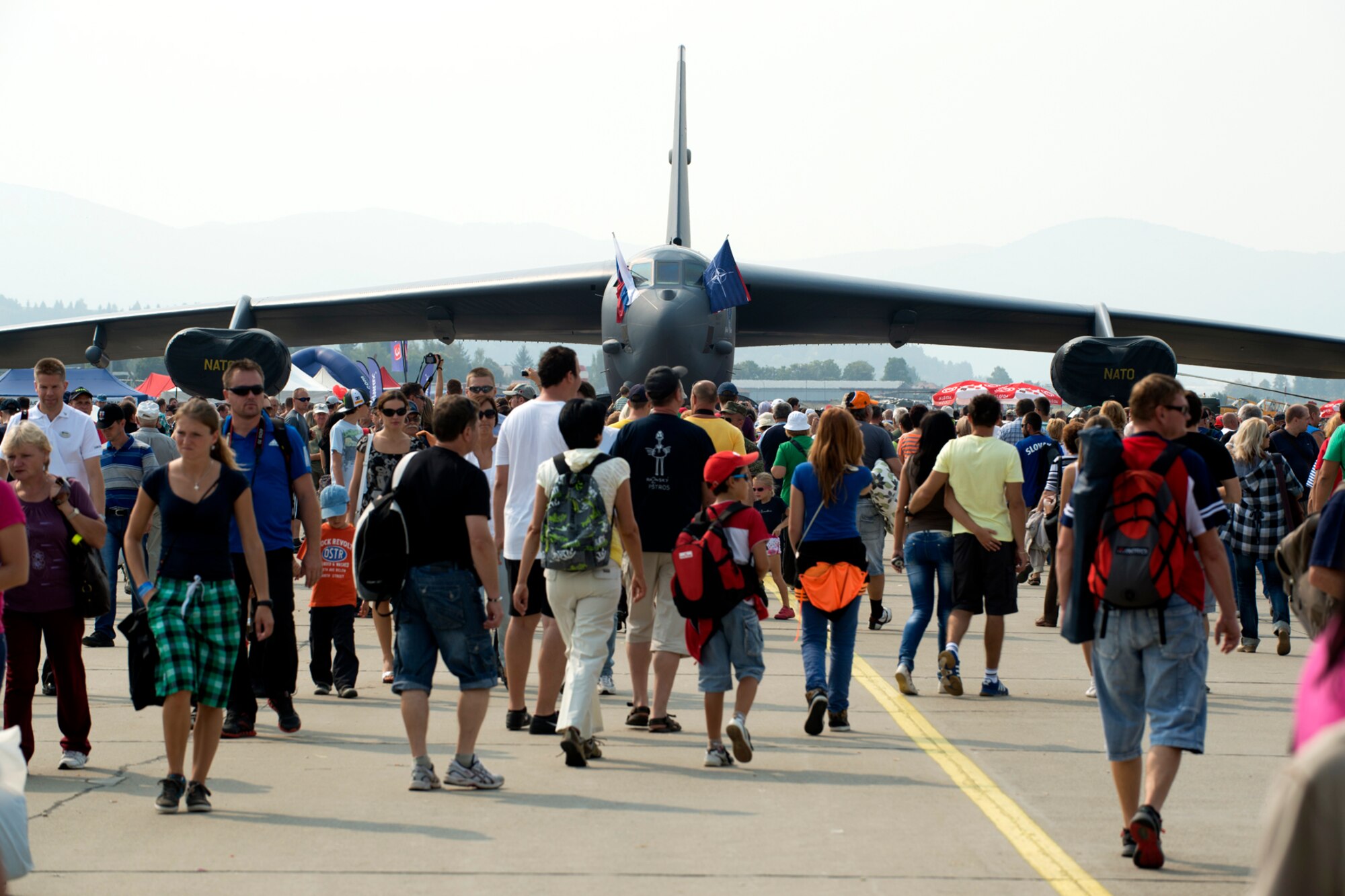 A 307th Bomb Wing B-52H Stratofortress sits as one of the main attractions during the Slovak International Air Fest, Sept. 2, 2012, Sliac, Slovakia. The B-52 was the only U.S. representative during the air show, which hosts aerial demonstrations and displays from across Europe and Asia. (U.S. Air Force photo by Master Sgt. Greg Steele/Released)