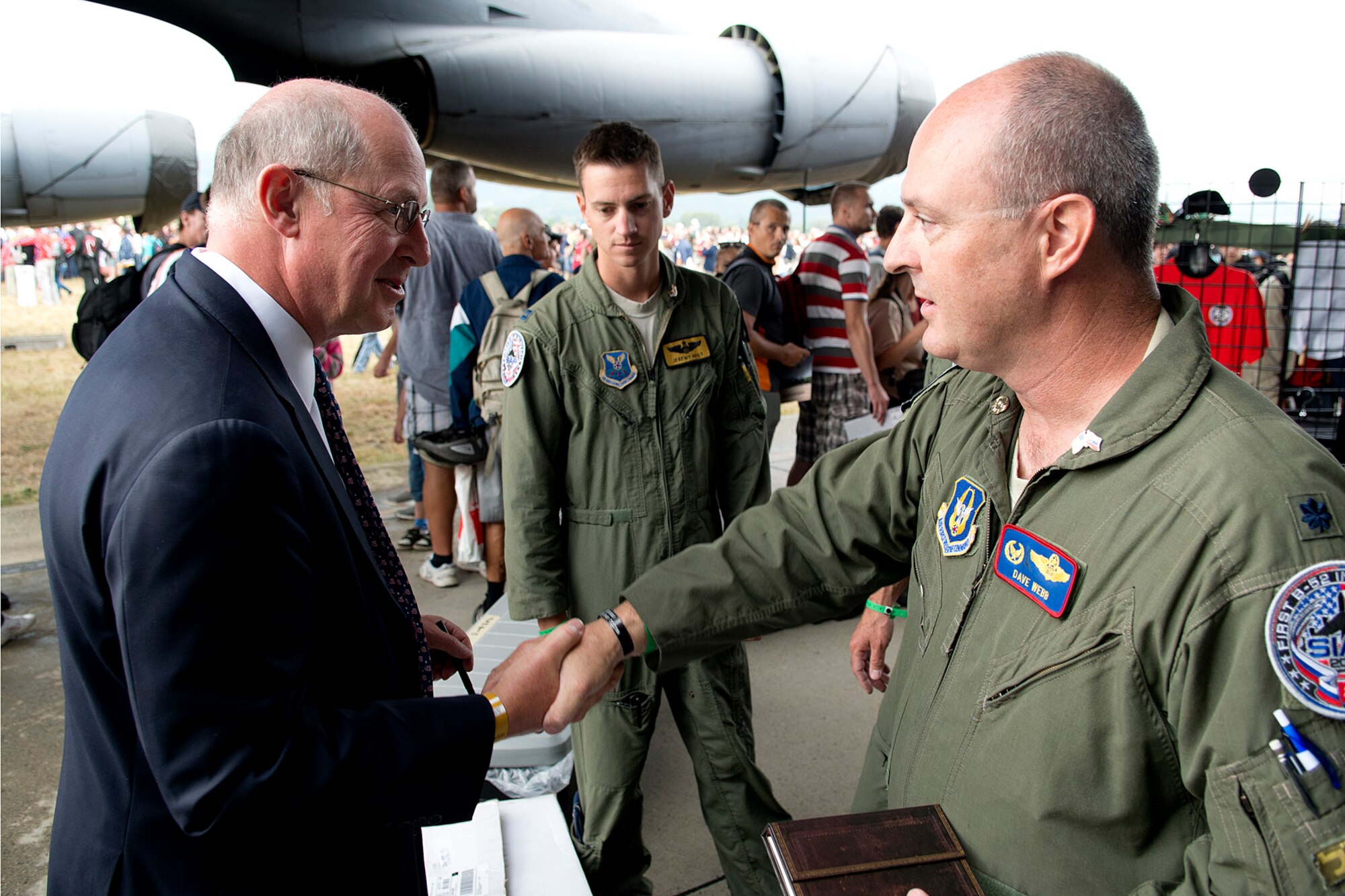 Theodore Sedgwick, the U.S. Ambassador to Slovakia, is greeted by U.S. Air Force Lt. Col. Dave Webb, 307th Operations Support Flight commander, during the Slovak International Air Fest, Sept. 1, 2012, Sliac, Slovakia. Sedgwick was one of many dignitaries to visit a 307th Bomb Wing B-52H Stratofortress, which was on display during the air show. (U.S. Air Force photo by Master Sgt. Greg Steele/Released)