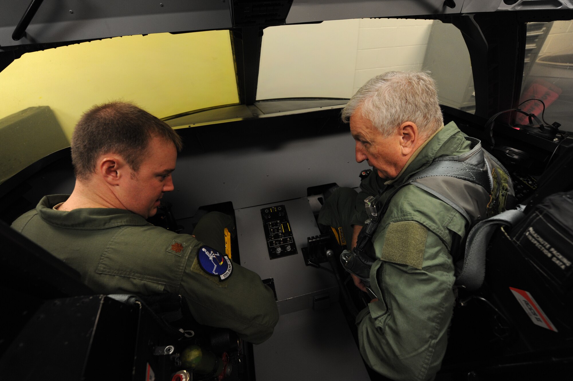 WHITEMAN AIR FORCE BASE, Mo. -- Joe Scallorns, a member of Air Force Global Strike Command's Civic Leader Program, receives instructions from Maj. Mark Rodemoyer, 394th Training Squadron instructor, before a B-2 incentive flight Sept. 11. The purpose of the incentive flight was to give him a deeper understanding of the full spectrum of AFGSC and an appreciation for the quality Airmen and civilians who protect the nation every day. (U.S. Air Force photo/Airman 1st Class Bryan Crane) (Released)