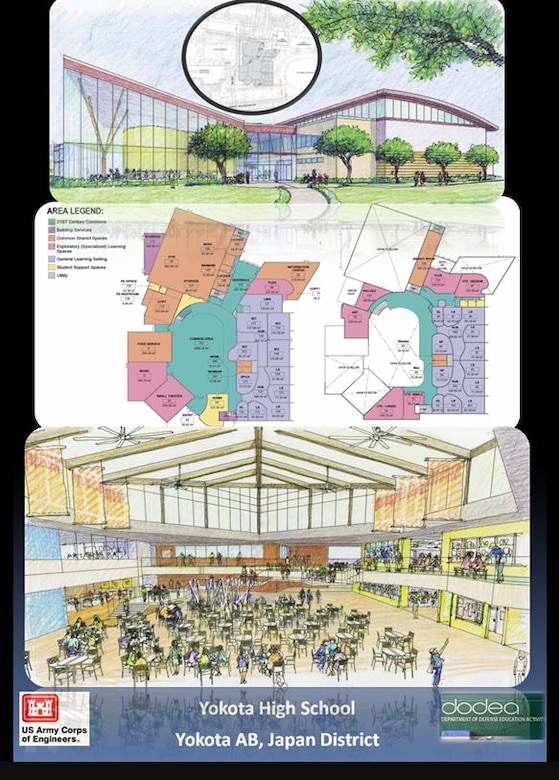 Three views of the Yokota High School, Yokota Air Base, (Japan District, Pacific Ocean Division). The drawing also shows the abundance of windows to let in natural light, which is linked to increased productivity. Ceiling fans promote air circulation improving the air quality which has been linked to reduced sickness and absenteeism in students and faculty. (Courtesy of DoDEA)