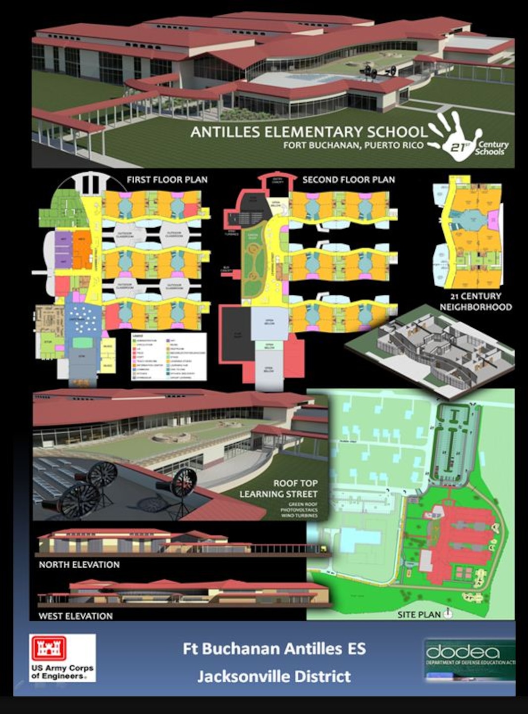 Antilles Elementary School, Fort Buchanan Army Installation in Puerto Rico, (Jacksonville District, South Atlantic Division) highlights multiple layouts and views of the school’s complex. Of the many notable features, the Roof Top Learning Street provides accessibility to the outdoors. Research has shown that exposure and access to nature produces a wide range of social, economic, environmental and health benefits. 
