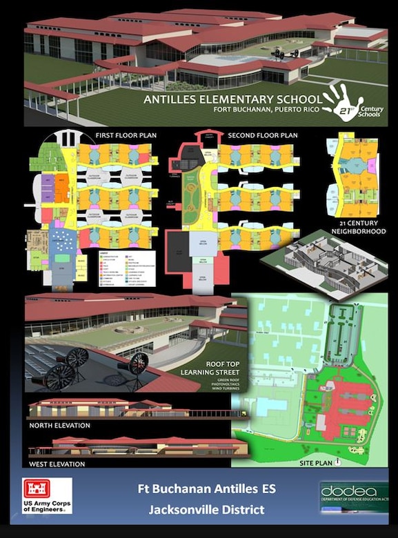 Antilles Elementary School, Fort Buchanan Army Installation in Puerto Rico, (Jacksonville District, South Atlantic Division) highlights multiple layouts and views of the school’s complex. Of the many notable features, the Roof Top Learning Street provides accessibility to the outdoors. Research has shown that exposure and access to nature produces a wide range of social, economic, environmental and health benefits. 