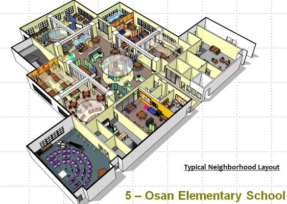 Sketch of Osan Elementary School, Osan Air Base, (Korea District, Pacific Ocean Division). The layout shows a variety of classroom and office configurations conducive to a productive learning environment. The circular and rectangular objects in the ceilings depict the abundance of skylights to let in natural light. 