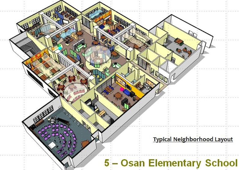 Sketch of Osan Elementary School, Osan Air Base, (Korea District, Pacific Ocean Division). The layout shows a variety of classroom and office configurations conducive to a productive learning environment. The circular and rectangular objects in the ceilings depict the abundance of skylights to let in natural light. 