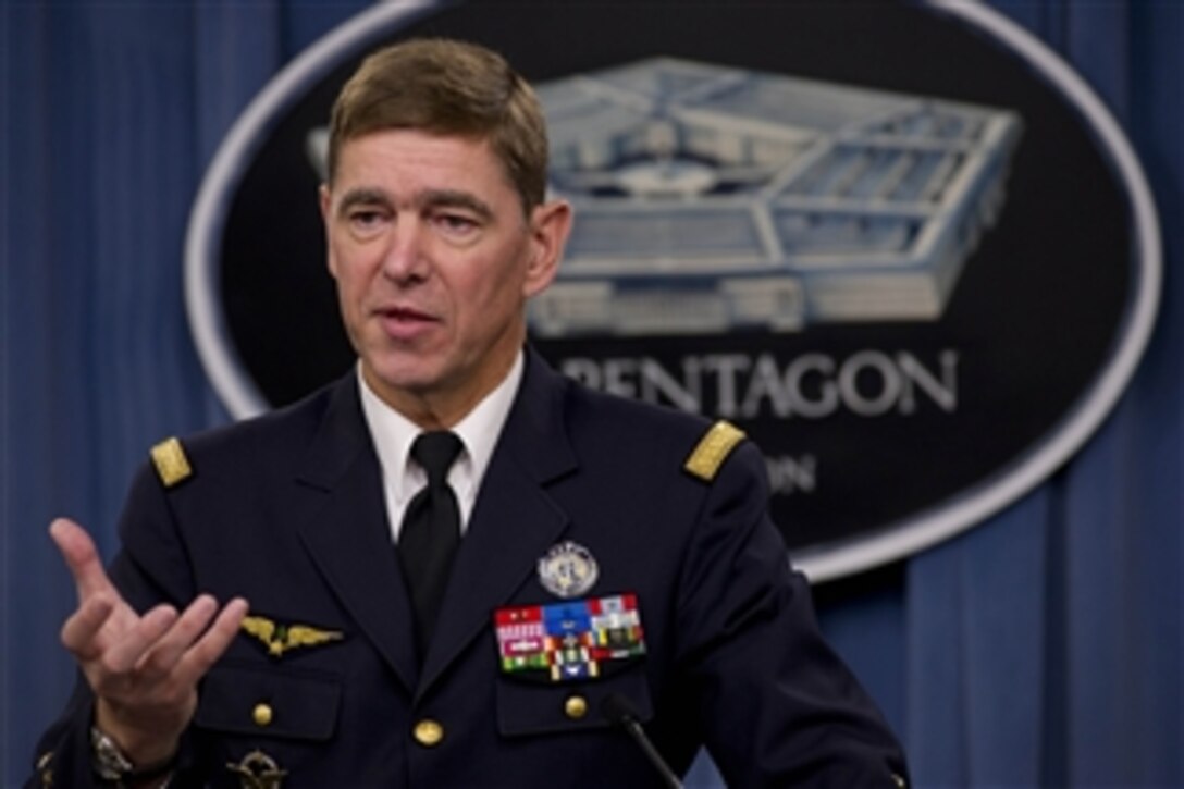 NATO Supreme Allied Commander Transformation Gen. Stéphane Abrial briefs the Pentagon press corps on his tenure with NATO in the Pentagon Press Briefing Room on Sept. 17, 2012.  