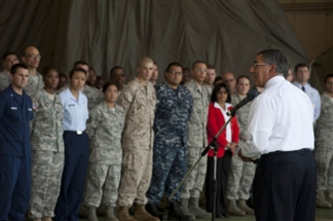 Secretary of Defense Leon E. Panetta speaks to service members and civilian employees at Yokota Air Base in Tokyo, Japan, on Sept. 17, 2012.  Panetta will also visit with defense counterparts in Tokyo before traveling to Beijing, China, and Auckland, New Zealand, on a weeklong trip to the Pacific.  