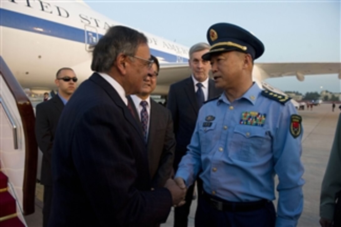 Deputy Chief of General Staff of the Chinese Army Gen. Ma Xiaotian, right, greets Secretary of Defense Leon E. Panetta as he arrives in Beijing, China, on Sept. 17, 2012.  Panetta will visit with his defense counterparts in Beijing before traveling to Auckland, New Zealand, on a weeklong trip to the Pacific