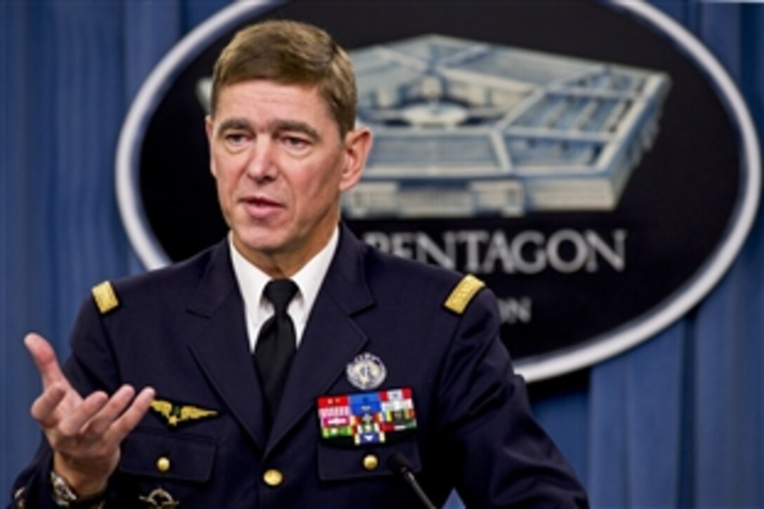 French Air Force Gen. Stéphane Abrial, NATO supreme allied commander transformation, briefs reporters on his NATO tenure at the Pentagon, Sept. 17, 2012..