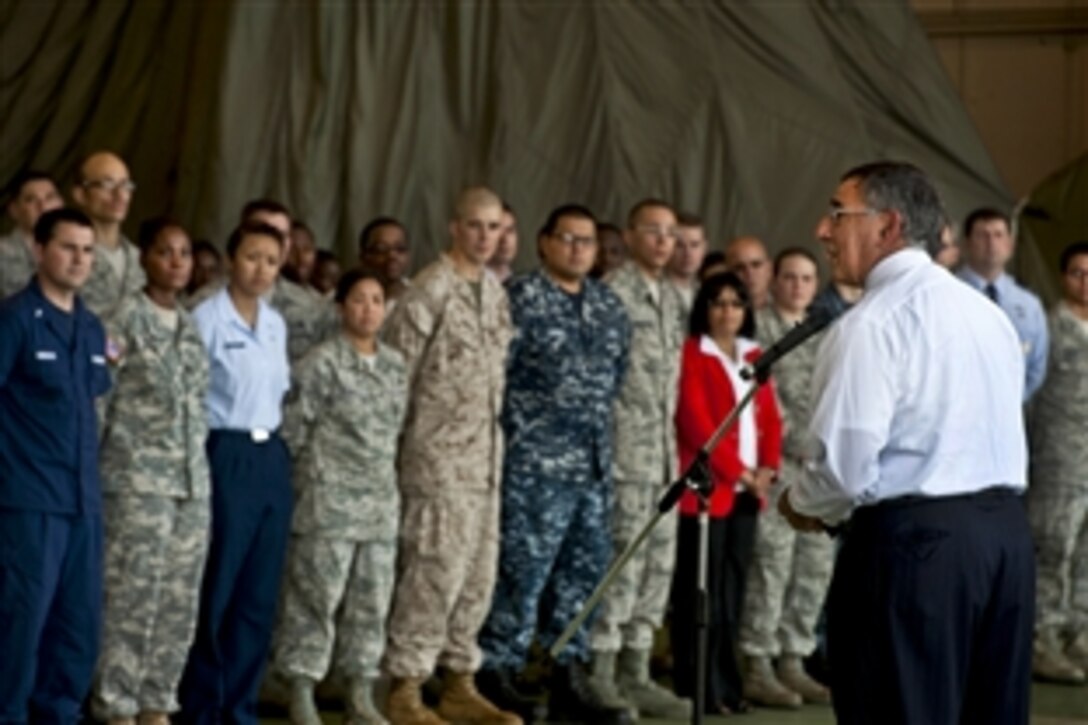 U.S. Defense Secretary Leon E. Panetta speaks to service members on Yakota Air Base in Tokyo, Sept. 17, 2012. Panetta visited with defense counterparts in the city before traveling to Beijing and Auckland, New Zealand, on a weeklong trip to the Asia-Pacific region.