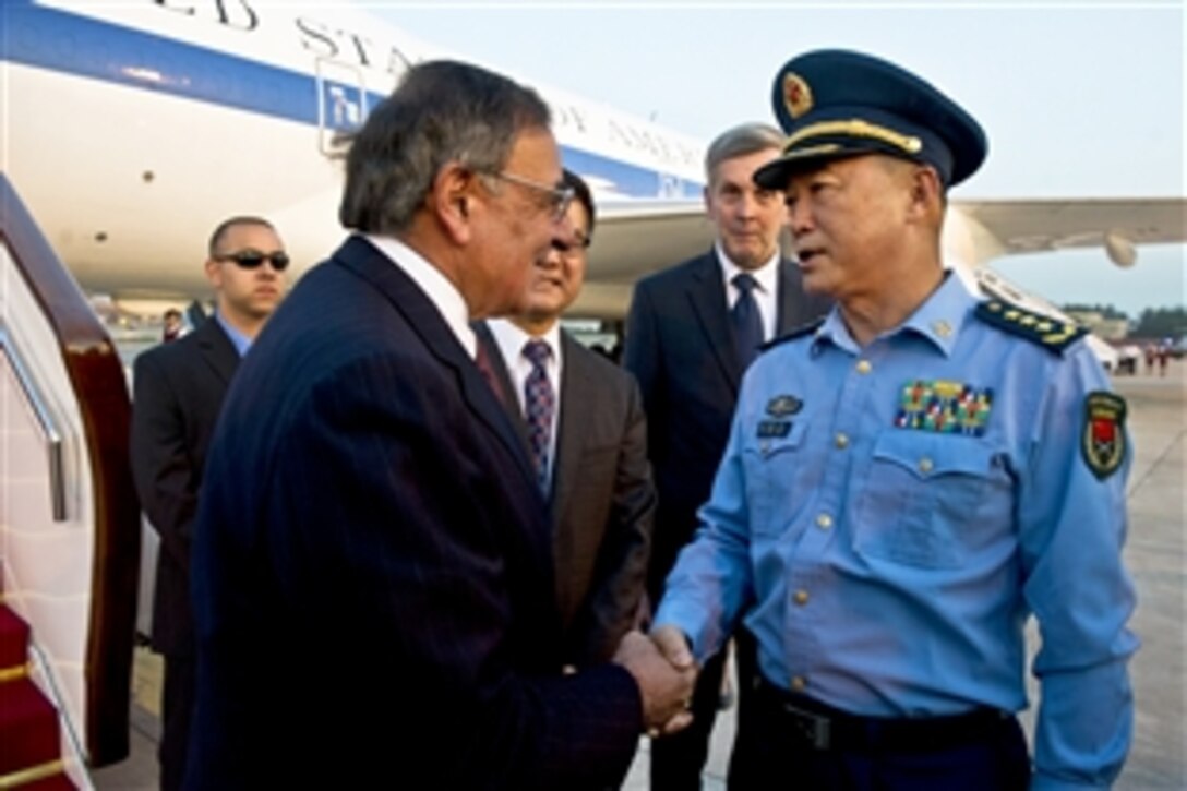 U.S. Defense Secretary Leon E. Panetta speaks with Chinese People's Liberation Army Air Force Gen. Ma Xiaotian, deputy chief of general staff, in Beijing, Sept. 17, 2012. Panetta is scheduled to visit with defense counterparts in Beijing before traveling to Auckland, New Zealand, on a weeklong trip to the Asia-Pacific region.