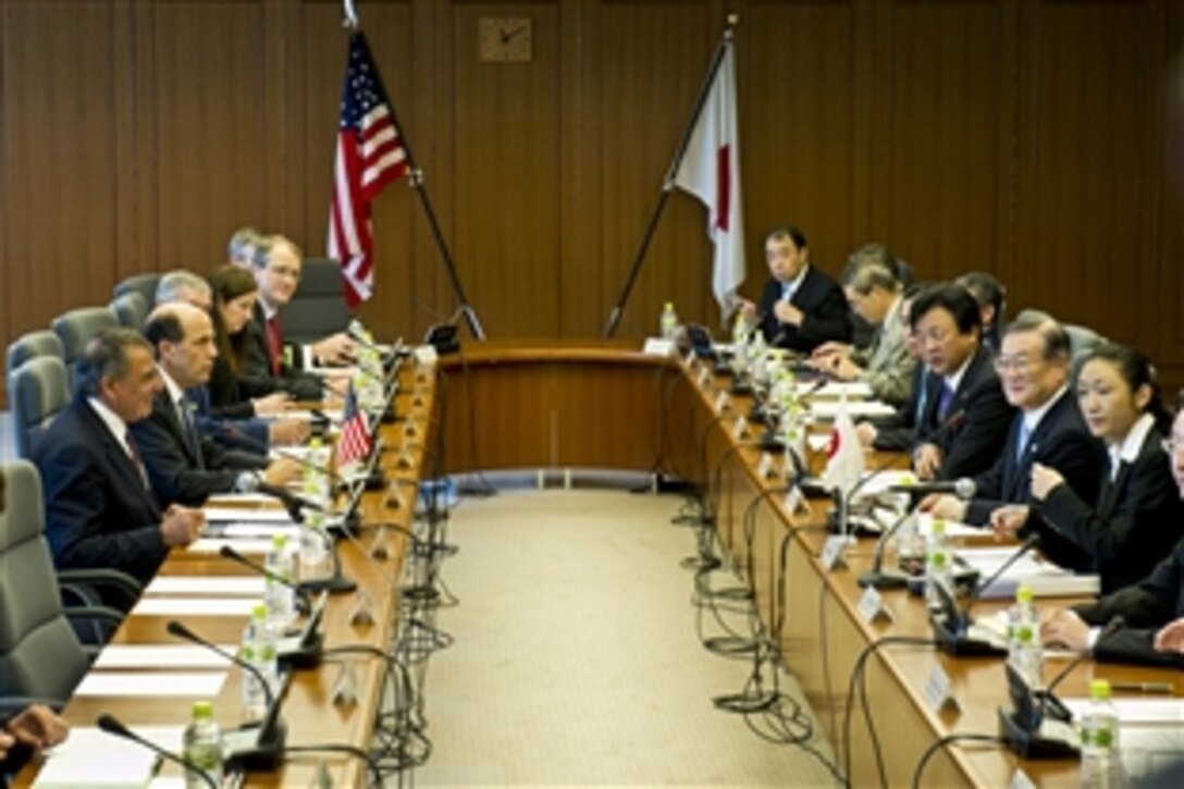U.S. Defense Secretary Leon E. Panetta meets with Japan's Defense Minister Satoshi Morimoto in Tokyo, Sept. 17, 2012. Panetta talked with defense counterparts in Tokyo before traveling to Beijing and Auckland, New Zealand, on a weeklong trip to the Pacific region.