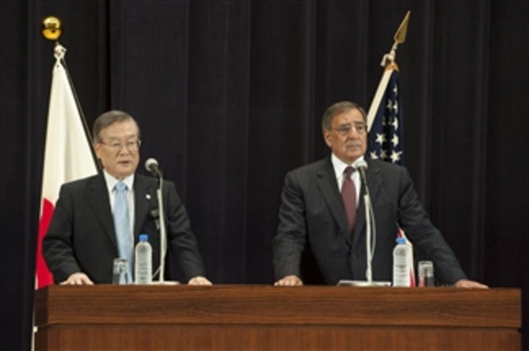 Secretary of Defense Leon E. Panetta, right, and Japanese Minister of Defense Satoshi Morimoto hold a press conference in Tokyo, Japan, on Sept. 17, 2012.  Panetta visited Morimoto discuss regional security issues of interest to both nations.  Panetta will visit with defense counterparts in Beijing, China, and Auckland, New Zealand, on a weeklong trip to the Pacific.  
