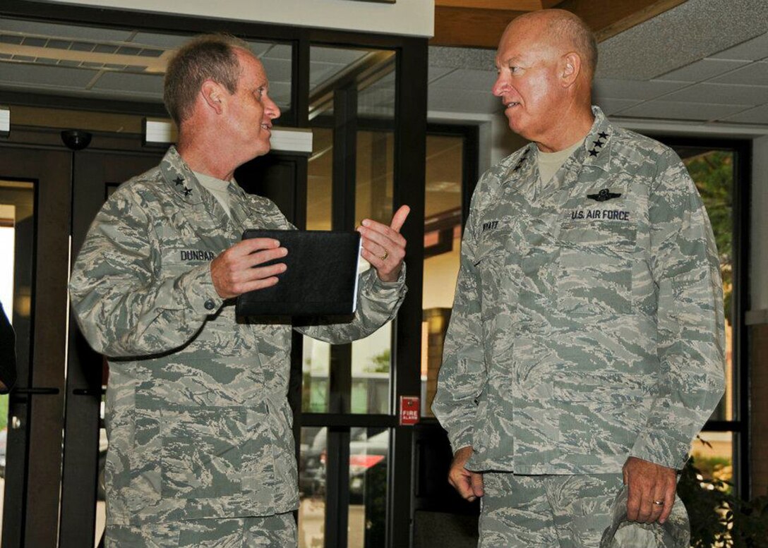 Lt. Gen. Harry M. Wyatt III, director of the Air National Guard, and Maj. Gen. Don Dunbar, adjutant general of Wisconsin, arrive at Volk Field, Wis., for PATRIOT 12's Distinguished Visitor Day July 19. PATRIOT 12, an annual National Guard emergency response training exercise, is comprised of more than 1,100 military and civilian personnel, and was conducted from July 17 to 19. National Guard photo by Master Sgt. Ralph Kaputska 