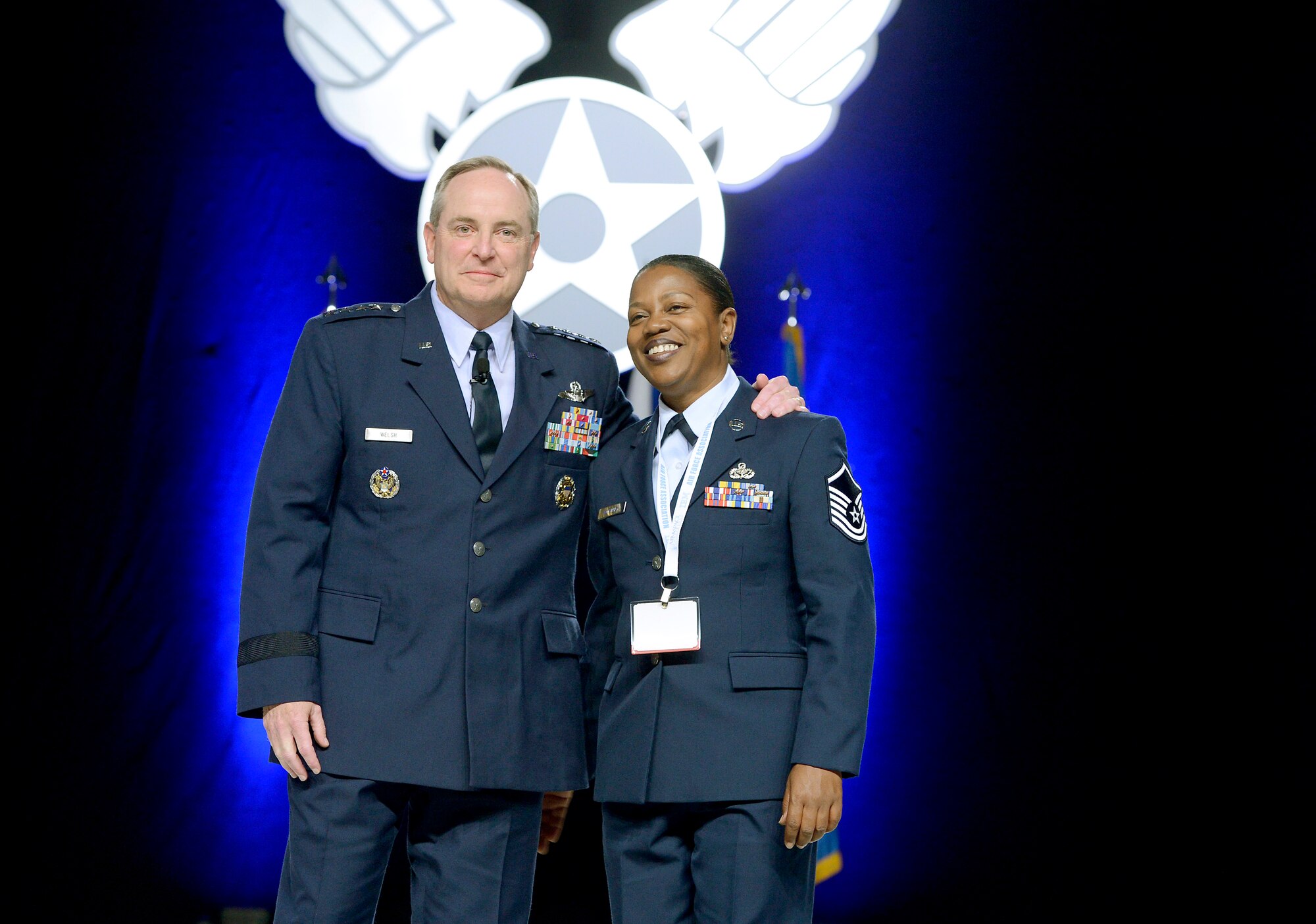 Air Force Chief of Staff Gen. Mark A. Welsh III recognizes Master Sgt. Toni Worthey for her leadership and efforts as a noncommissioned officer in charge at Air Force Mortuary Affairs Operations at Dover Air Force Base, Del., during his keynote presentation on the state of the Air Force at the Air Force Association's Air and Space Conference and Technology Exposition in Washington, D.C., Sept. 18, 2012.    (U.S. Air Force photo/Scott M. Ash)