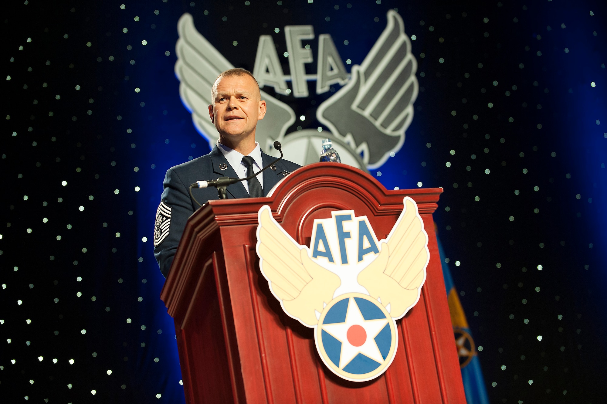 Chief Master Sgt. of the Air Force James Roy speaks during the 12 Outstanding Airmen of the Year reception and awards dinner as part of the 2012 Air Force Association's Air and Space Conference and Technology Exposition in Washington, D.C., Sept. 17, 2012.  (U.S. Air Force photo/Jim Varhegyi)