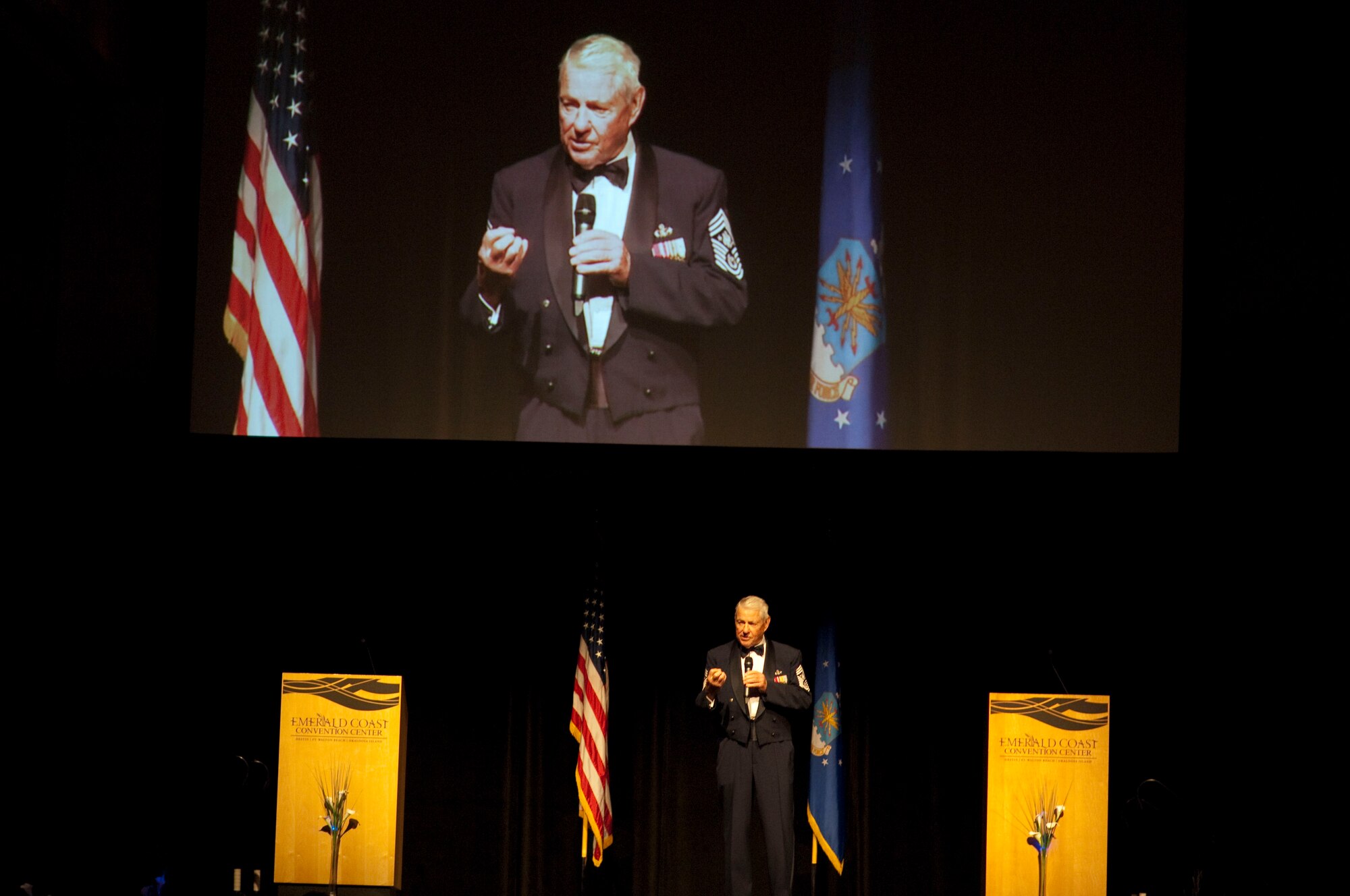Chief Master Sergeant of the Air Force Robert Gaylor, the fifth chief to serve as the Air Force's top enlisted Airman, speaks at the inaugural Hurlburt Ball at the Emerald Coast Conference Center on Okaloosa Island, Fla., Sept. 14, 2012. Gaylor reflected on his career and the future of the Air Force while at the ball, themed "Reflecting Our Past, Sustaining Our Future." (U.S. Air Force photo / Tech. Sgt. Vanessa Valentine)