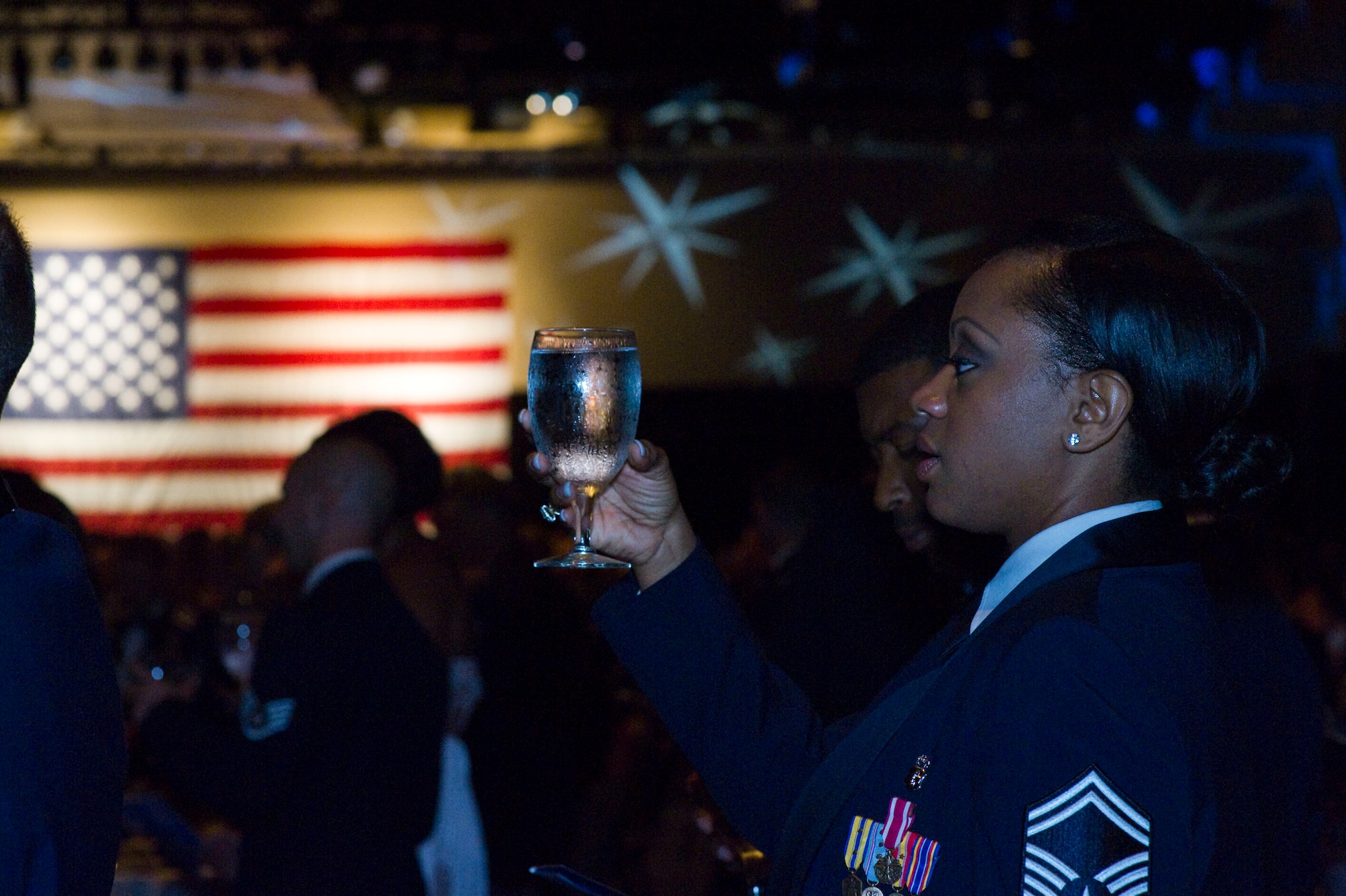 Airmen raised their glasses for a ceremonial toast during the inaugural Hurlburt Ball at the Emerald Coast Conference Center on Okaloosa Island, Fla., Sept. 14, 2012. The ball honored the contributions of all Airmen who serve. (U.S. Air Force photo / Tech. Sgt. Vanessa Valentine)