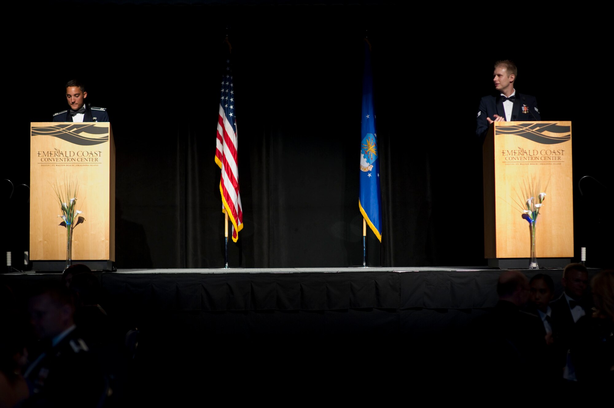 Capt. Eric Cranford, an executive assistant of 1st Special Operations Wing, left, and Senior Airman Joe W. McFadden, a public affairs specialist of 1st SOW, serve as masters of ceremonies during the inaugural Hurlburt Ball at the Emerald Coast Conference Center on Okaloosa Island, Fla., Sept. 14, 2012. The ball was the first time in the base's history to have a ball to mark the Air Force's birthday. (U.S. Air Force photo / Tech. Sgt. Vanessa Valentine)