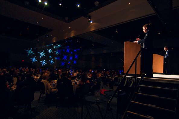 More than 1,200 Airmen and their guests attended the inaugural Hurlburt Ball at the Emerald Coast Conference Center on Okaloosa Island, Fla., Sept. 14, 2012.  Senior Airman Joe W. McFadden, a public affairs specialist of 1st Special Operations Wing, and Capt. Eric Cranford, an executive assistant of 1st SOW, served as masters of ceremonies for the evening. (U.S. Air Force photo / Tech. Sgt. Vanessa Valentine) 