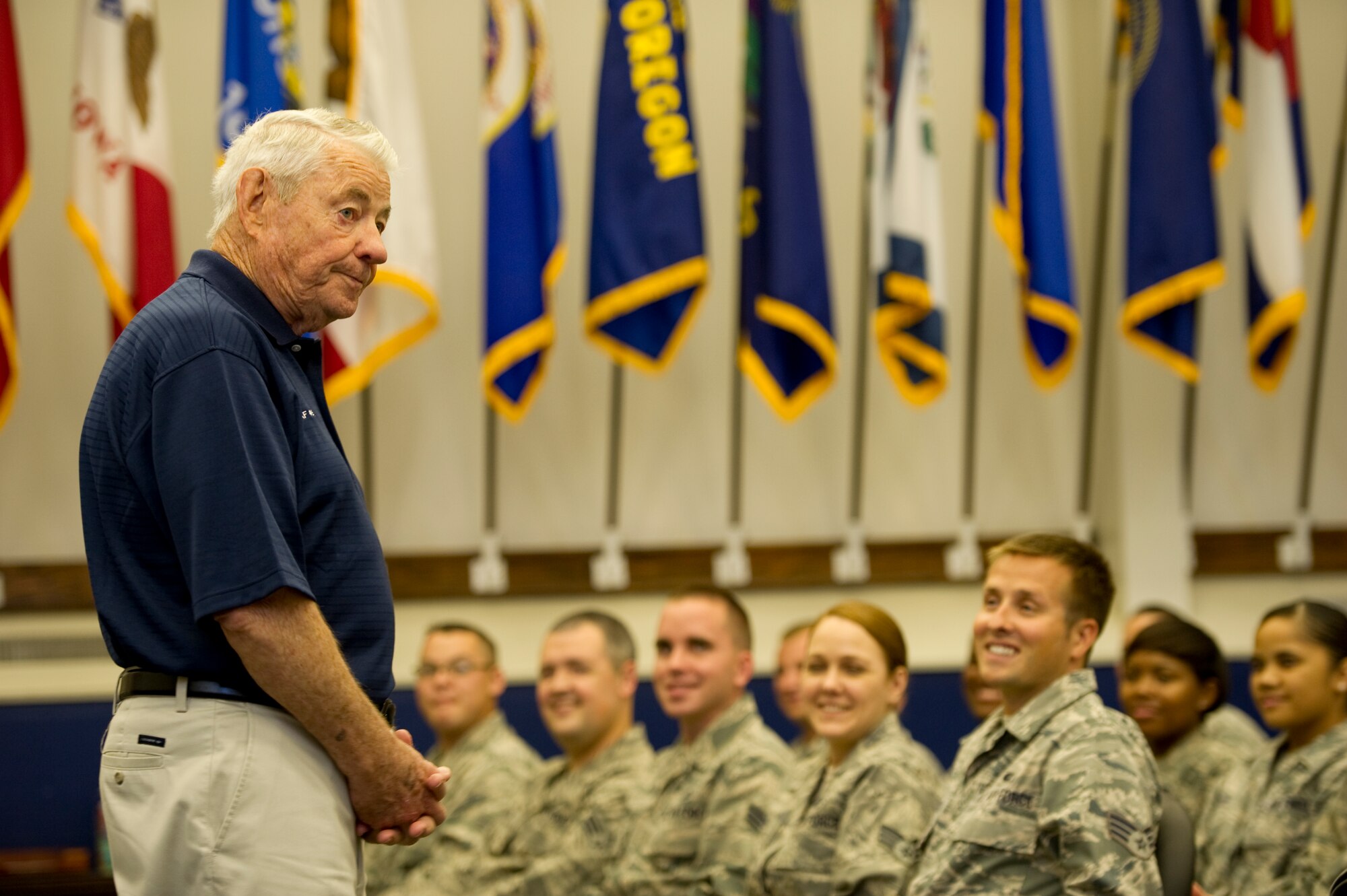 U.S. Air Force Chief Master Sergeant of the Air Force Robert D. Gaylor, the fifth chief to serve as the Air Force’s top enlisted Airman, listens to Airmen at the Airman Leadership School on Hurlburt Field, Fla., Sept. 14, 2012.  Gaylor spoke about aptitude, attitude and motivation on his visit. (U.S. Air Force Photo/Airman 1st Class Naomi M. Griego)