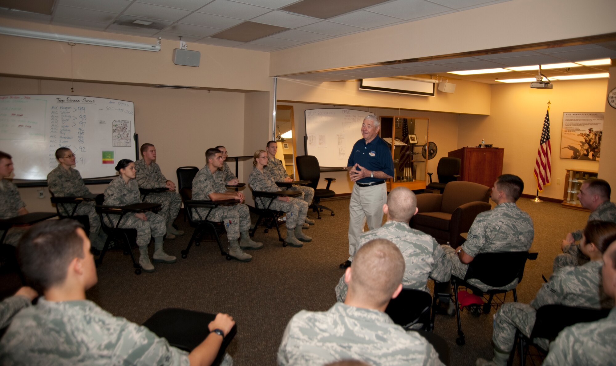 U.S. Air Force Chief Master Sergeant of the Air Force Robert D. Gaylor, the fifth chief to serve as the Air Force’s top enlisted Airman, speaks to Airmen at the Commando Pride Airmen Center on Hurlburt Field, Fla., Sept. 14, 2012.  In his speech, Gaylor spoke said that Airmen should be responsible for their own actions. (U.S. Air Force Photo/Airman 1st Class Naomi M. Griego)