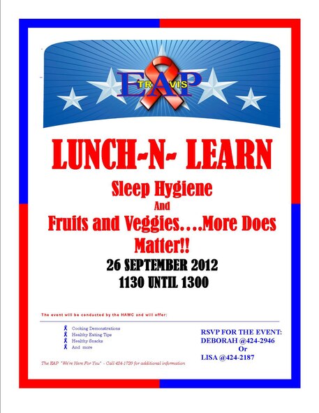 TRAVIS AIR FORCE BASE, Calif. -- Lunch-N-Learn session on "Stress Reducing Foods" (U.S. Air Force courtesy photo) 