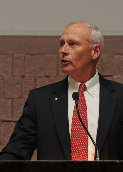Retired Air Force Brig. Gen. Jonathan George speaks to attendees during the annual Air Force ball Sept. 14, 2012, at the Civic Center in Abilene, Texas. Dyess celebrated the Air Force’s 65th anniversary with the Air Force Ball. (U.S. Air Force photo by Airman 1st Class Peter Thompson/ Released)