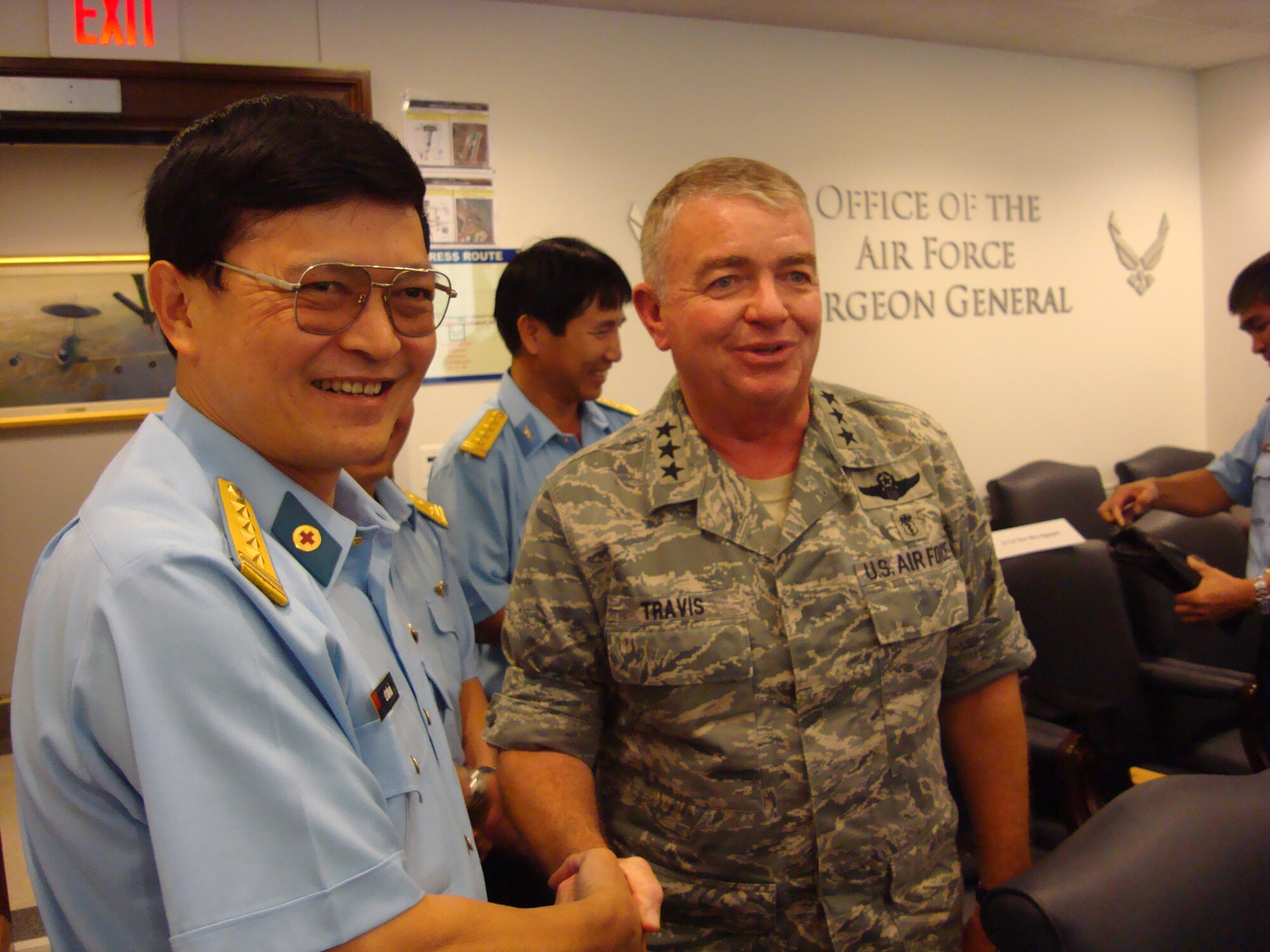 Lt Gen (Dr.) Thomas Travis, AF Surgeon General, greets SrCol Le Tien Hai, 
Director of the Vietnam Air Defense Air Force Institute of Aerospace Medicine September 14. The visit was the direct result of discussions during Airmen to Airmen Talks in August 2011 in Honolulu, Hawaii and June 2012 in Hanoi, Vietnam.  The focus of the visit by the Vietnamese delegation was Aerospace Medicine and Flight Safety, both areas of mutual interest between the Vietnam and United States Air Forces.  This was the first delegation of Vietnamese Air Defense Air Force Officers to visit the Pentagon since the Vietnam War. (U.S. Air Force Courtesy photo)