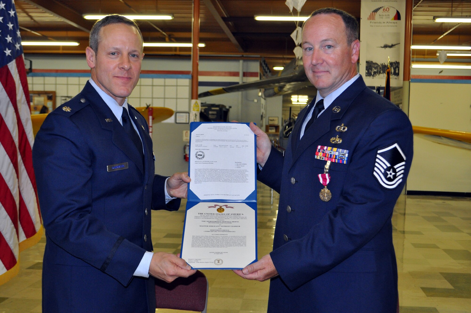 TRAVIS AIR FORCE BASE, Calif. -- After 28 years of service, Master Sgt. Tony Barker was retired from the U.S. Air Force Reserve September 8, 2012 at a ceremony at Travis Air Force Base, California. (Photo by U.S. Air Force Senior Master Sergeant Ellen L. Hatfield)