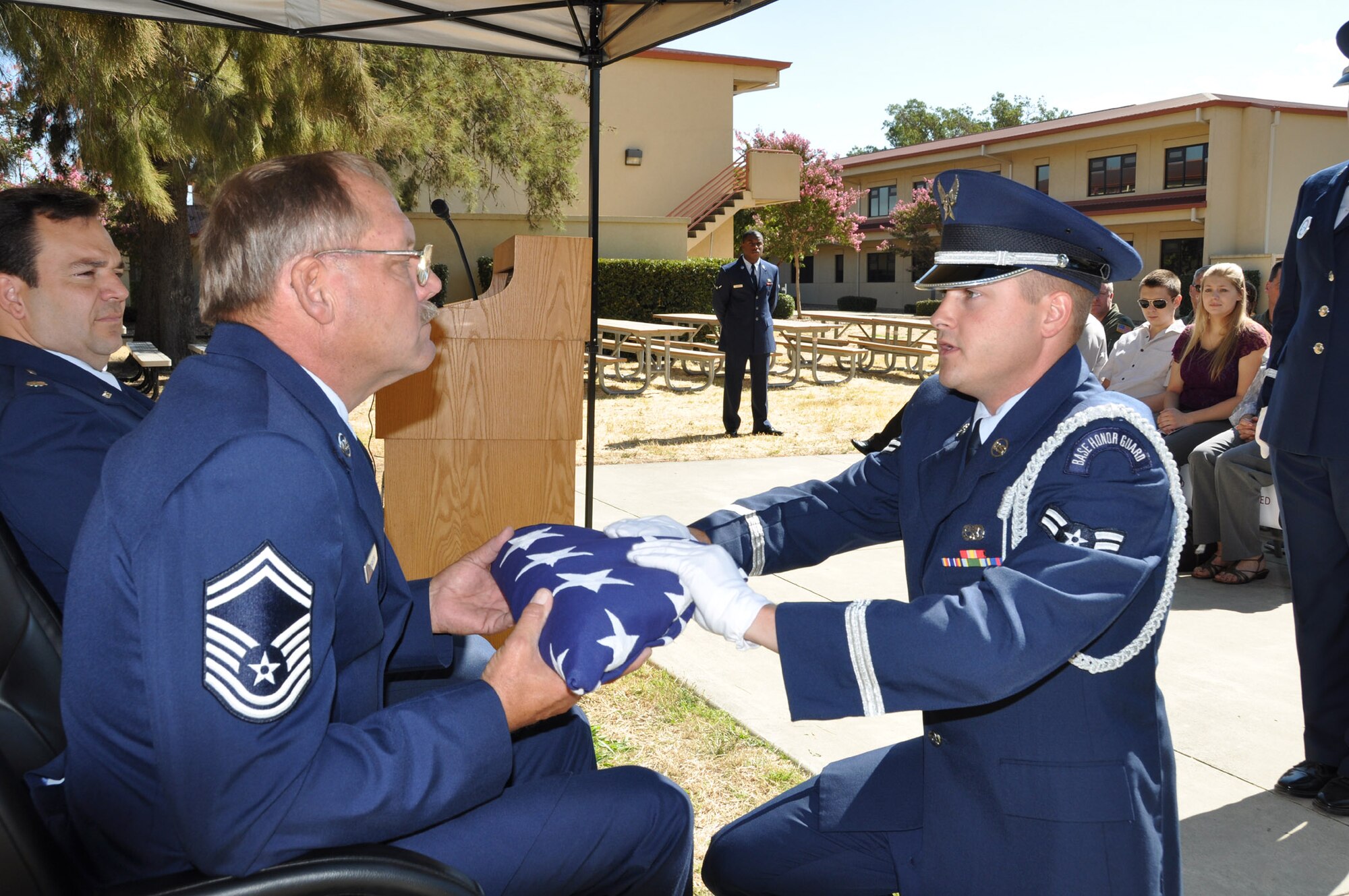 TRAVIS AIR FORCE BASE, Calif. -- After 38 years of service, Senior Master Sgt. J.R. Benson was retired from the U.S. Air Force Reserve, 301st Airlift Squadron, Travis AFB, Sept. 6, 2012. (U.S. Air Force photo/Senior Master Sgt. Ellen L. Hatfield)