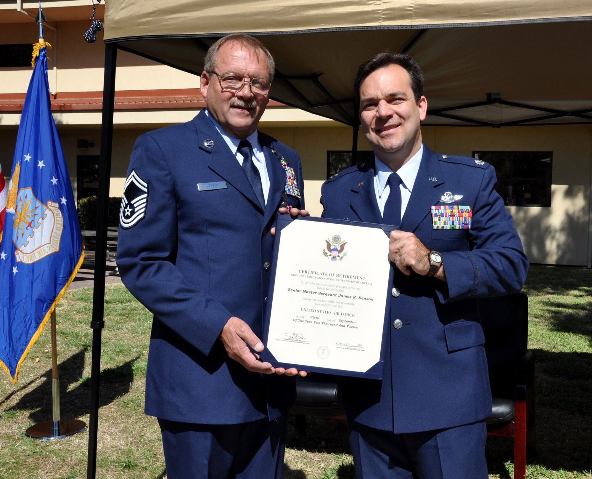 TRAVIS AIR FORCE BASE, Calif. -- After 38 years of service, Senior Master Sgt. J.R. Benson was retired from the U.S. Air Force Reserve, 301st Airlift Squadron, Travis AFB, Sept. 6, 2012. (U.S. Air Force photo/Senior Master Sgt. Ellen L. Hatfield)