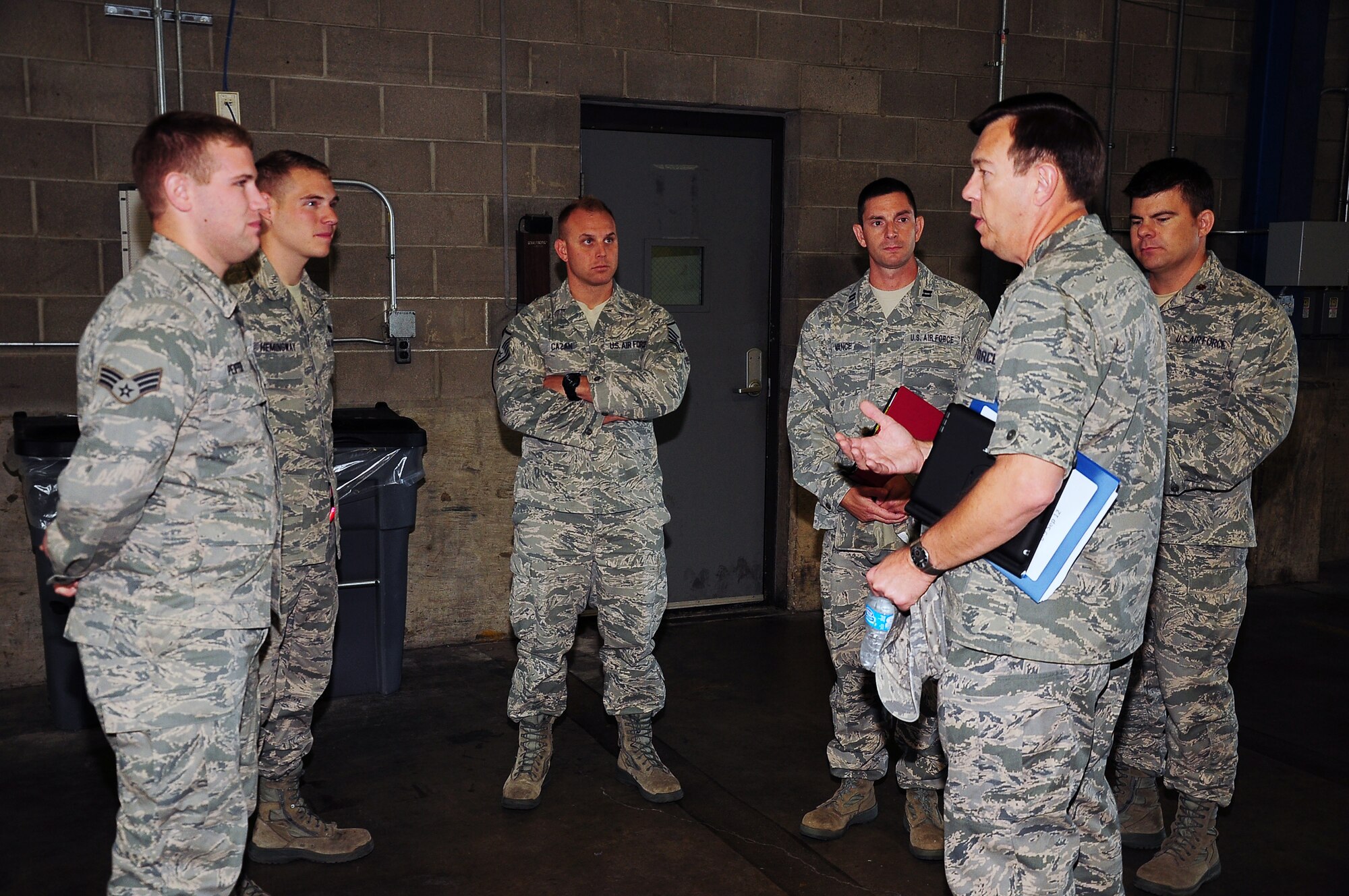 WRIGHT-PATTERSON AIR FORCE BASE, Ohio - Brig. Gen. Gary Blaszkiewicz, Director of Logistics, Headquarters Air Force Reserve Command, Robins Air Force Base, Ga., visits with Airmen assigned to the 87th Aerial Port Squadron Sept. 9. The general toured various 445th Airlift Wing units as part of his visit to Wright-Patt Sept. 7-9. (U.S. Air Force photo/Maj. Jose Cardenas)