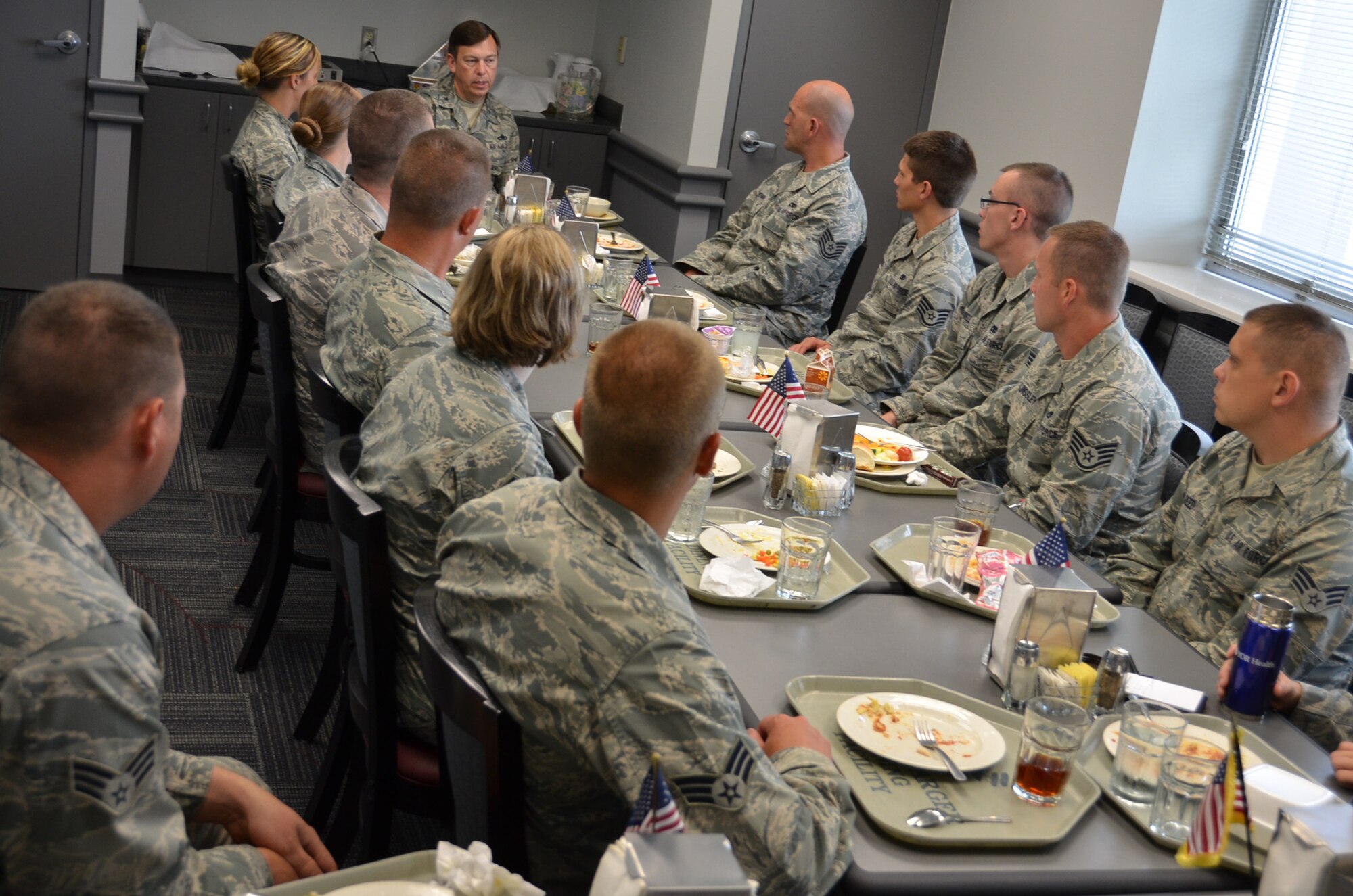 WRIGHT-PATTERSON AIR FORCE BASE, Ohio - Brig. Gen. Gary Blaszkiewicz, Director of Logistics, Headquarters Air Force Reserve Command, Robins Air Force Base, Ga., enjoys lunch at the Pitsenbarger Dining Facility here Sept. 9 with 20 Airmen assigned to the 87th Aerial Port Squadron, 445th Maintenance Group and 445th Logistics Readiness Squadron. The general gave the Airmen career advice and fielded questions during the luncheon. He also toured various 445th Airlift Wing units as part of his visit to Wright-Patt Sept. 7-9.  (U.S. Air Force photo/Lt. Col. Cynthia Harris)