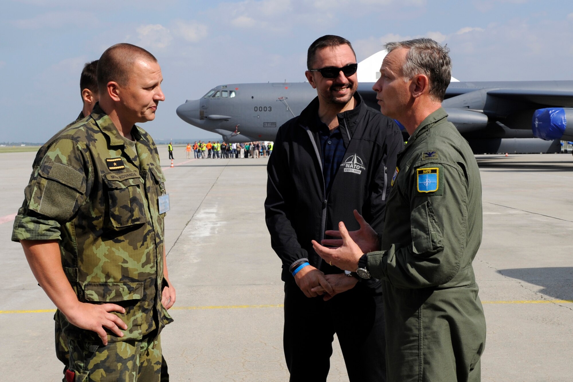 Brig. Gen. Milan Kovanda, Joint Forces Deputy Command for the Czech Republic and Petr Zlatohlvek talk with Col. Joseph Jones, the 307th Bomb Wing vice commander, after his arrival in Ostrava, Czech Republic, Sept. 18, 2012. Two B-52s from Barksdale Air Force Base, La., are in Ostrava for the annual NATO Days Air Show scheduled for Sept 22-23. This is the third year for the 307 BW to support this air show. (U.S. Air Force photo by Senior Master Sgt Jessica Daurizio/Released)