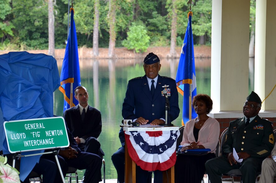 U.S. Air Force Gen. Lloyd “Fig” Newton takes the podium to speak at his highway interchange dedication ceremony, Sept. 13, 2012, Jasper County, S.C. The citizens of Ridgeland and Jasper County came together to recognize Newton. The ceremony followed years of collaboration and coordination between the city of Ridgeland, Jasper County, and the South Carolina General Assembly and Department of Transportation and resulted in the unveiling of the new I-95 exit 21, now named “General Lloyd W. ‘Fig’ Newton Interchange.” (U.S. Air Force photo by 2nd Lt. Earon Brown/Released)