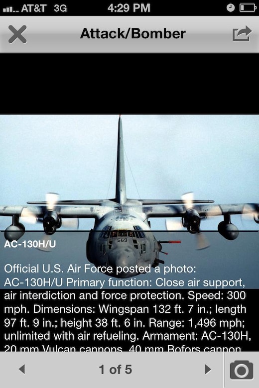 The Air Force Inventory section of the AFLINK mobile application has photographs of aircraft and other Air Force hardware. It also gives users historical reference and up-to-date details about each piece of equipment. (U.S. Air Force graphic)